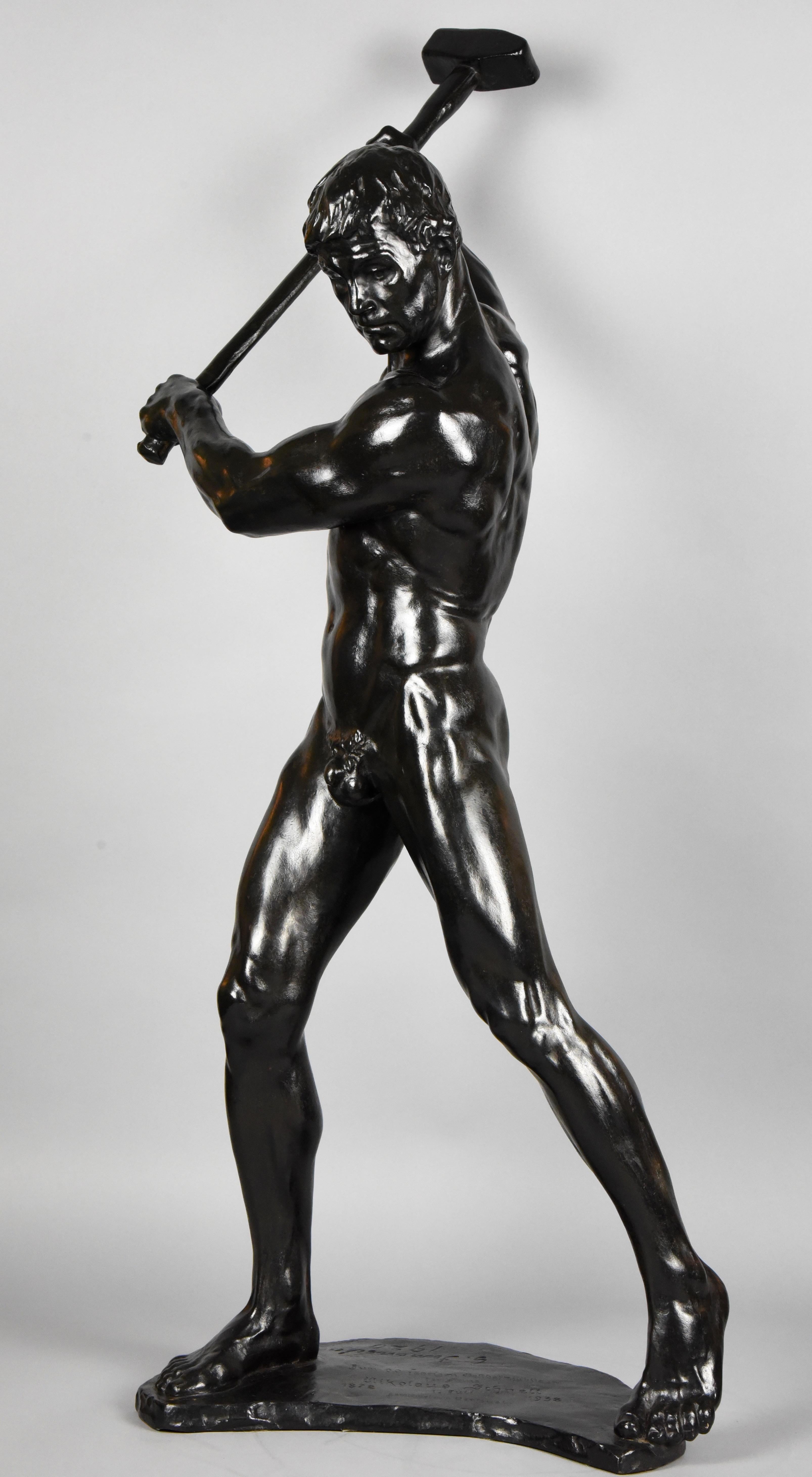 Impressive half size cast iron sculpture by Gerhard Adolf Janensch of a male nude with sledgehammer, dated 1920. The artist was born in Berlin in 1860, died in 1933. Work in musea in Germany. 
Literature:
“Bronzes, sculptors and founders” by H.