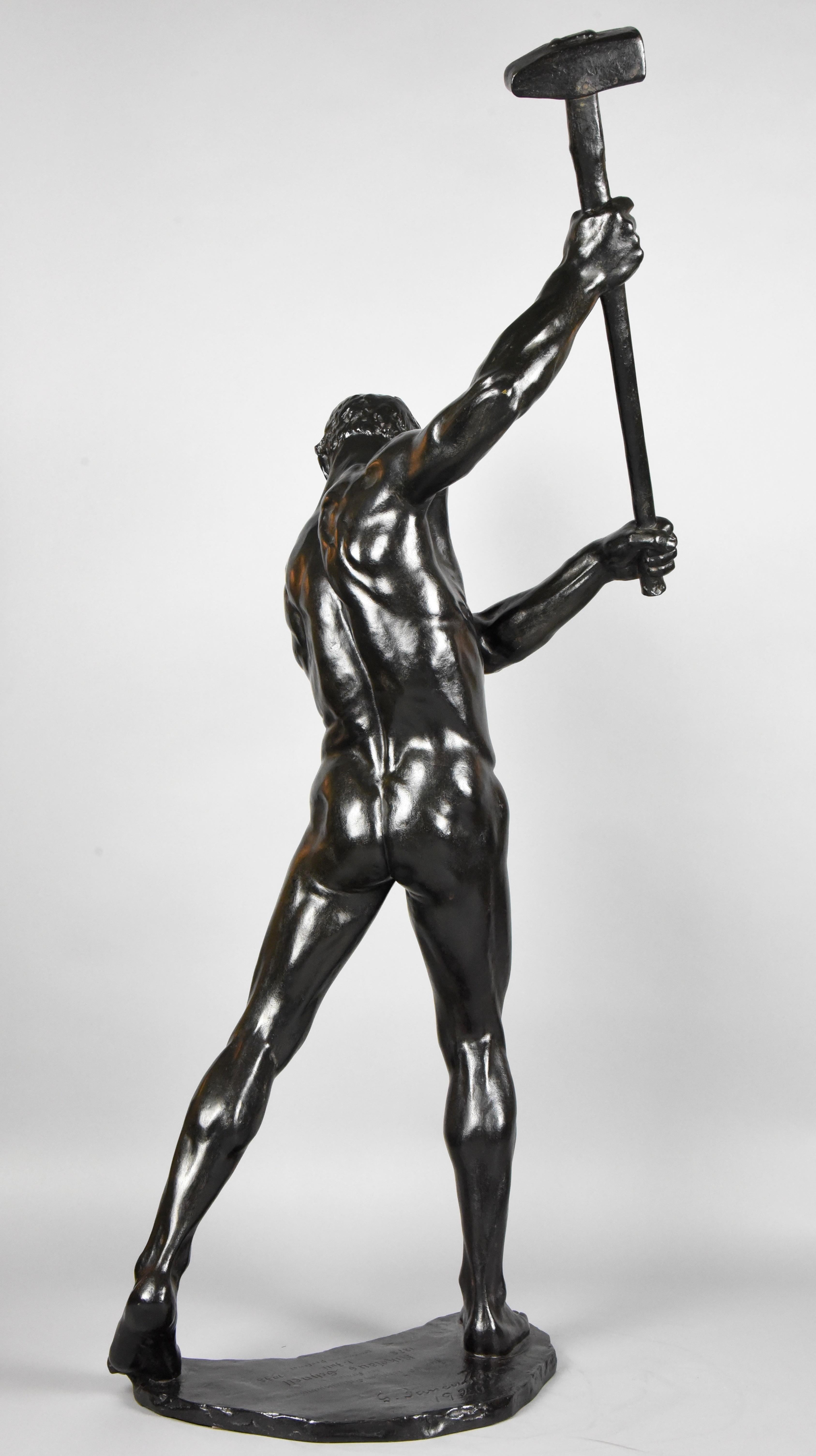Patinated Half Size Sculpture Male Nude with Sledgehammer Gerhard Adolf Janensch  1920