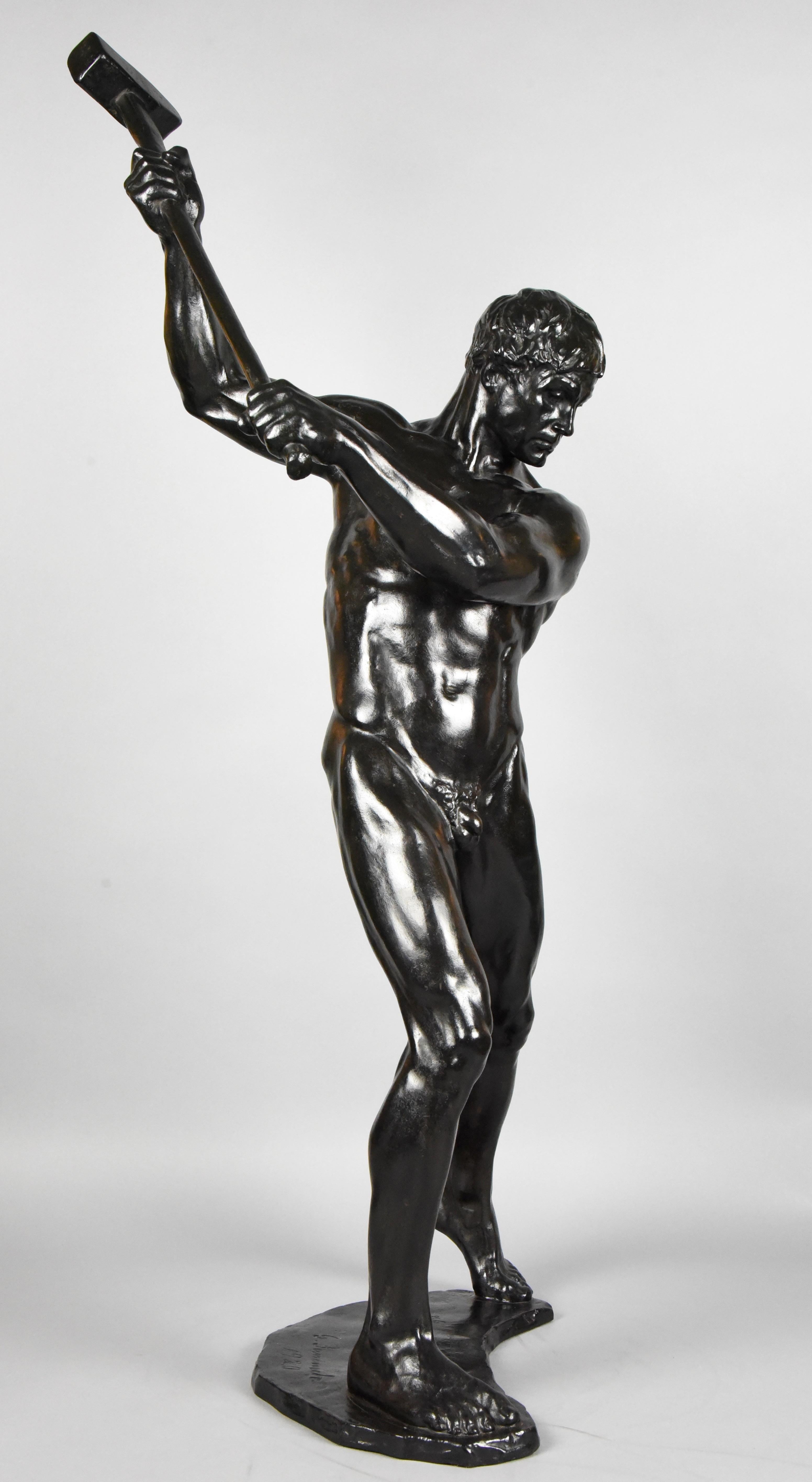 Early 20th Century Half Size Sculpture Male Nude with Sledgehammer Gerhard Adolf Janensch  1920