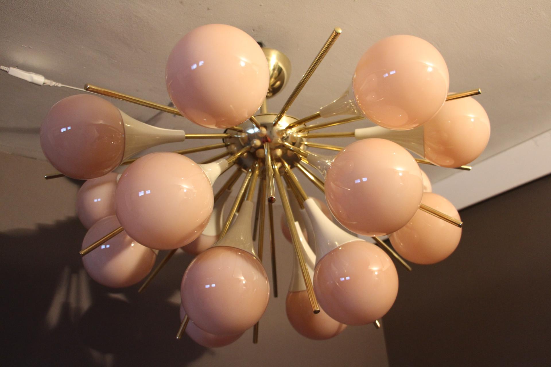 Half Sputnik Chandelier in Light Pink-Beige Murano Glass and Brass 1