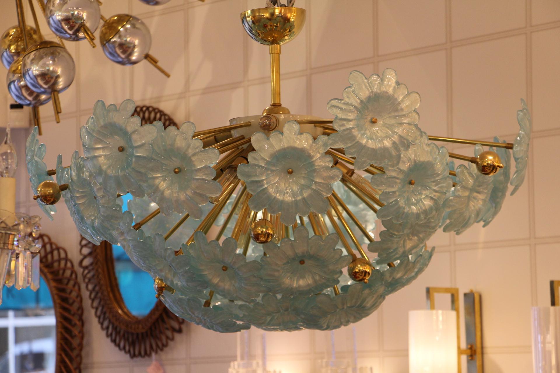 Half Sputnik Chandelier with Murano Glass Blue Flowers 2