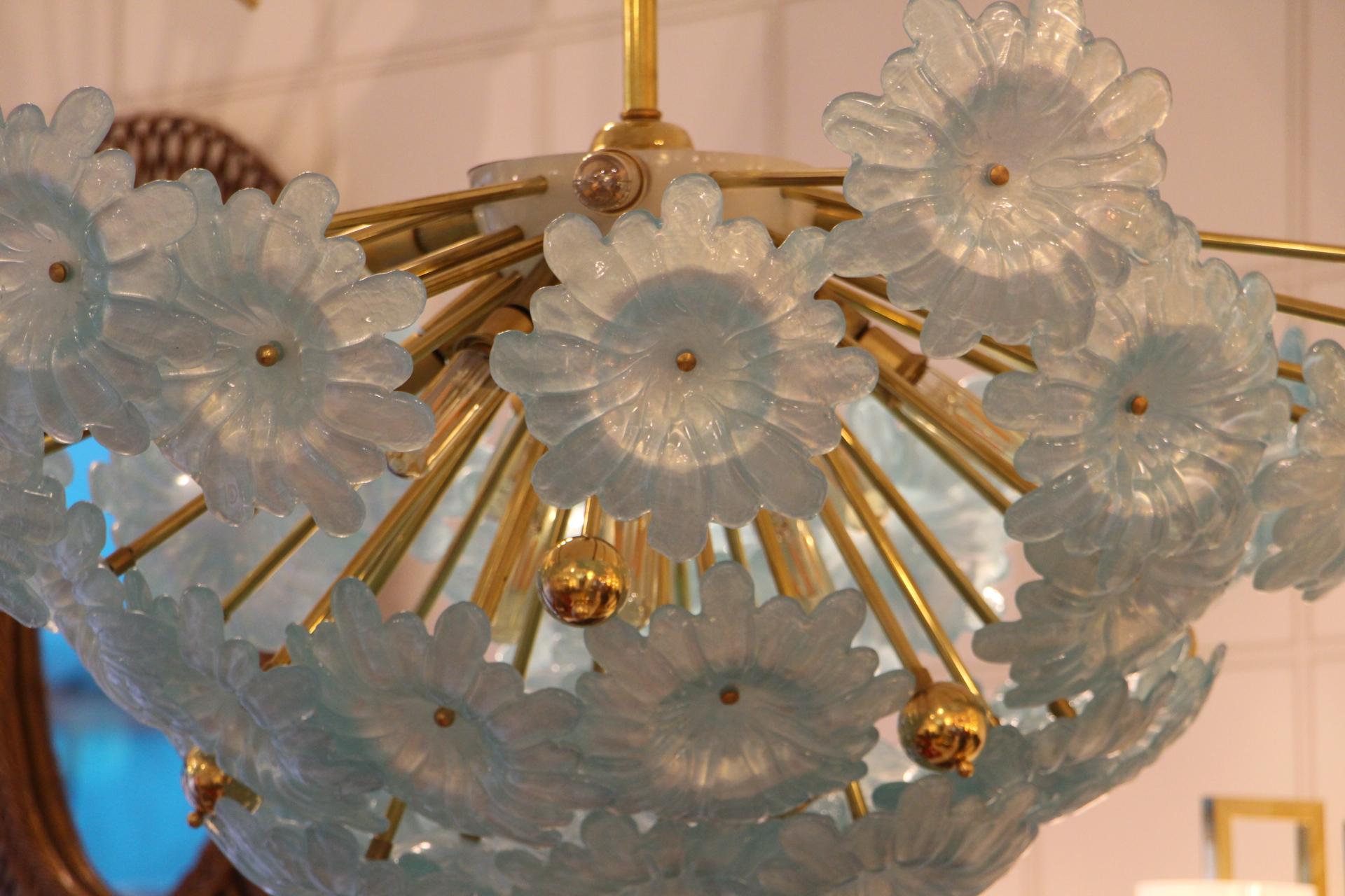 Half Sputnik Chandelier with Murano Glass Blue Flowers 3