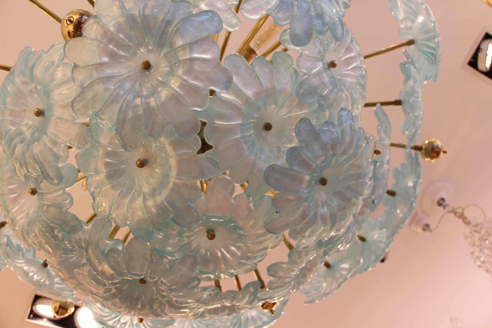 Half Sputnik Chandelier with Murano Glass Blue Flowers 1