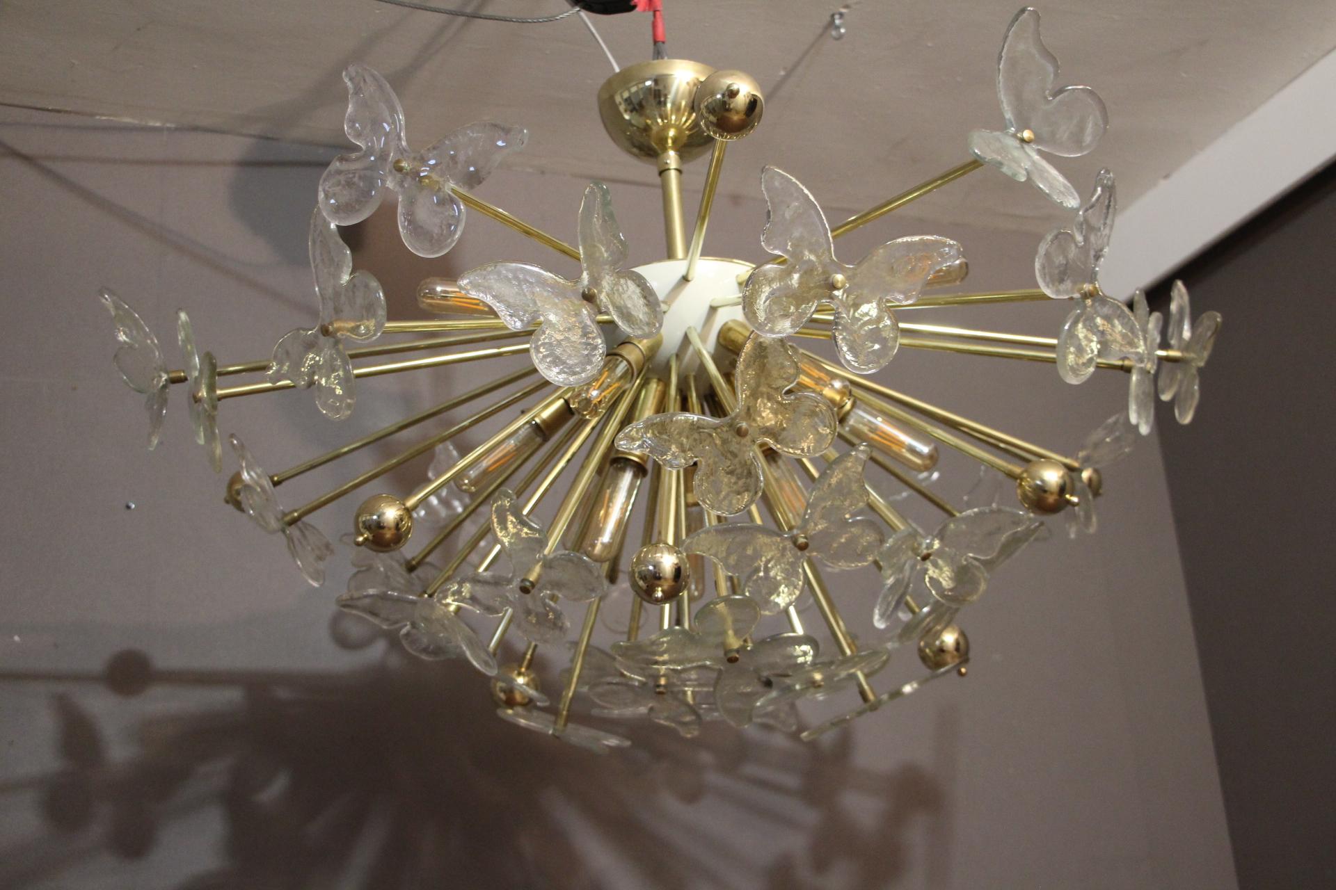 Mid-Century Modern Half Sputnik Chandelier with Murano Glass Butterflies