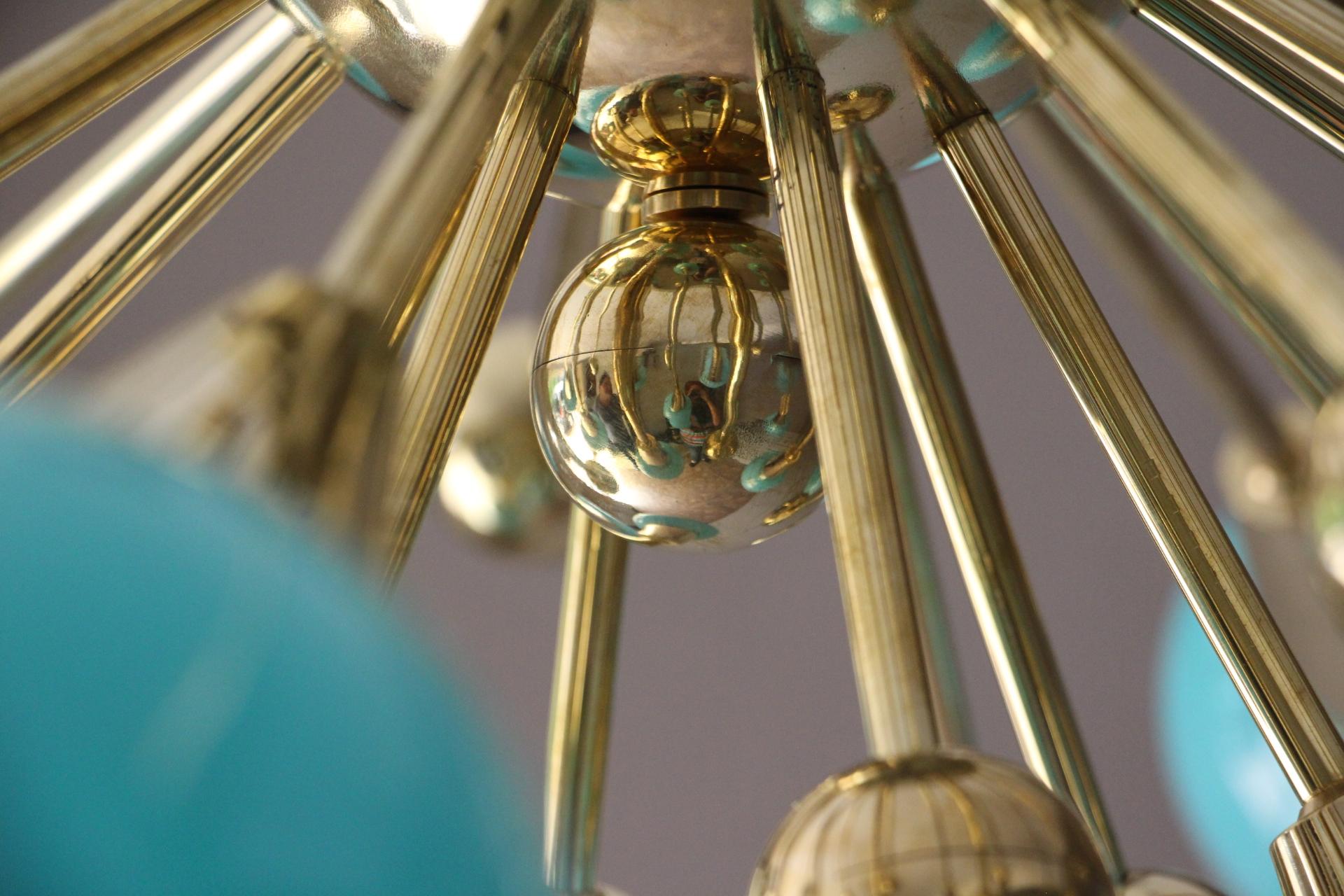 Half Sputnik Turquoise Blue Murano Glass Globes Chandelier For Sale 3