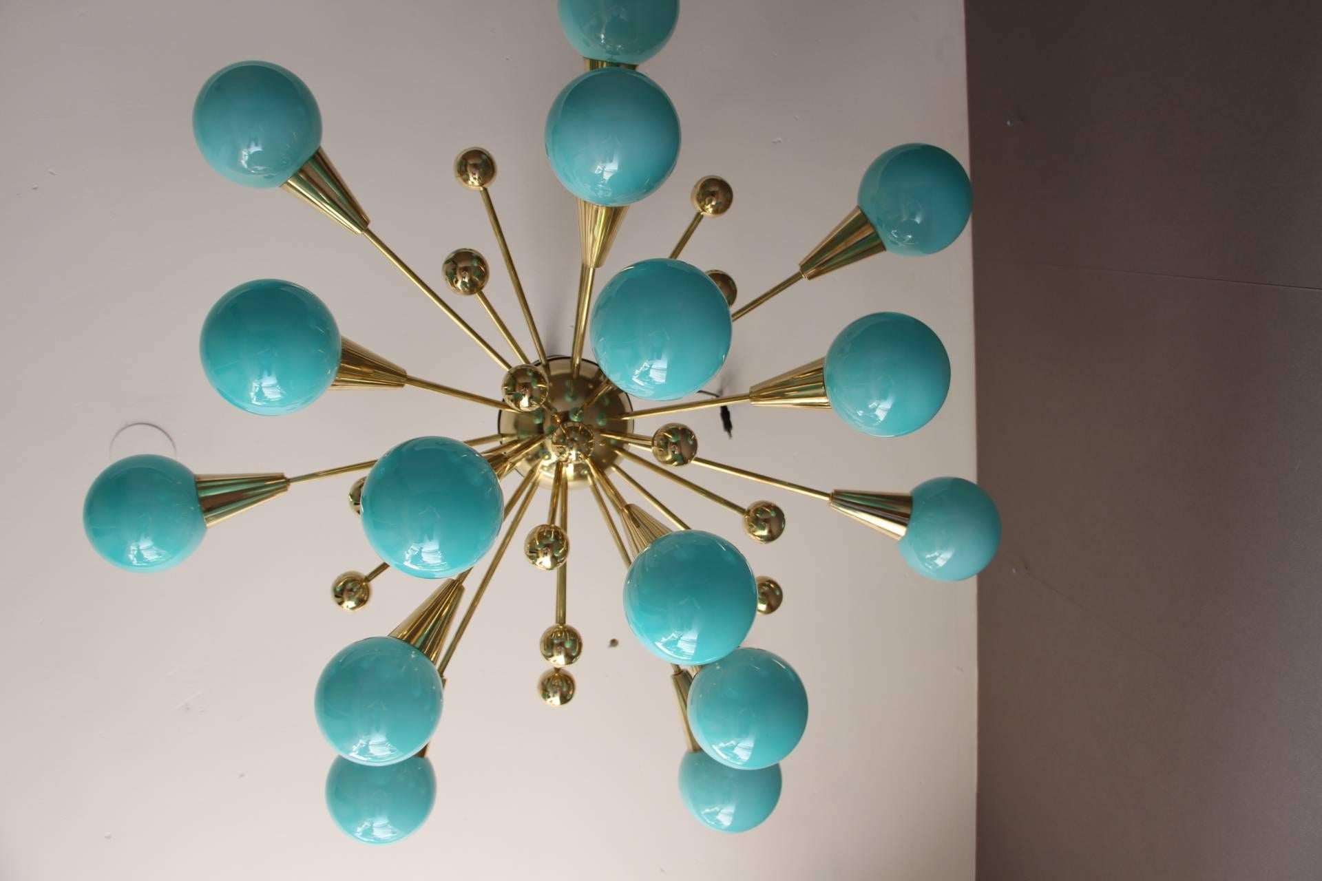 Brass Half Sputnik Turquoise Blue Murano Glass Globes Chandelier