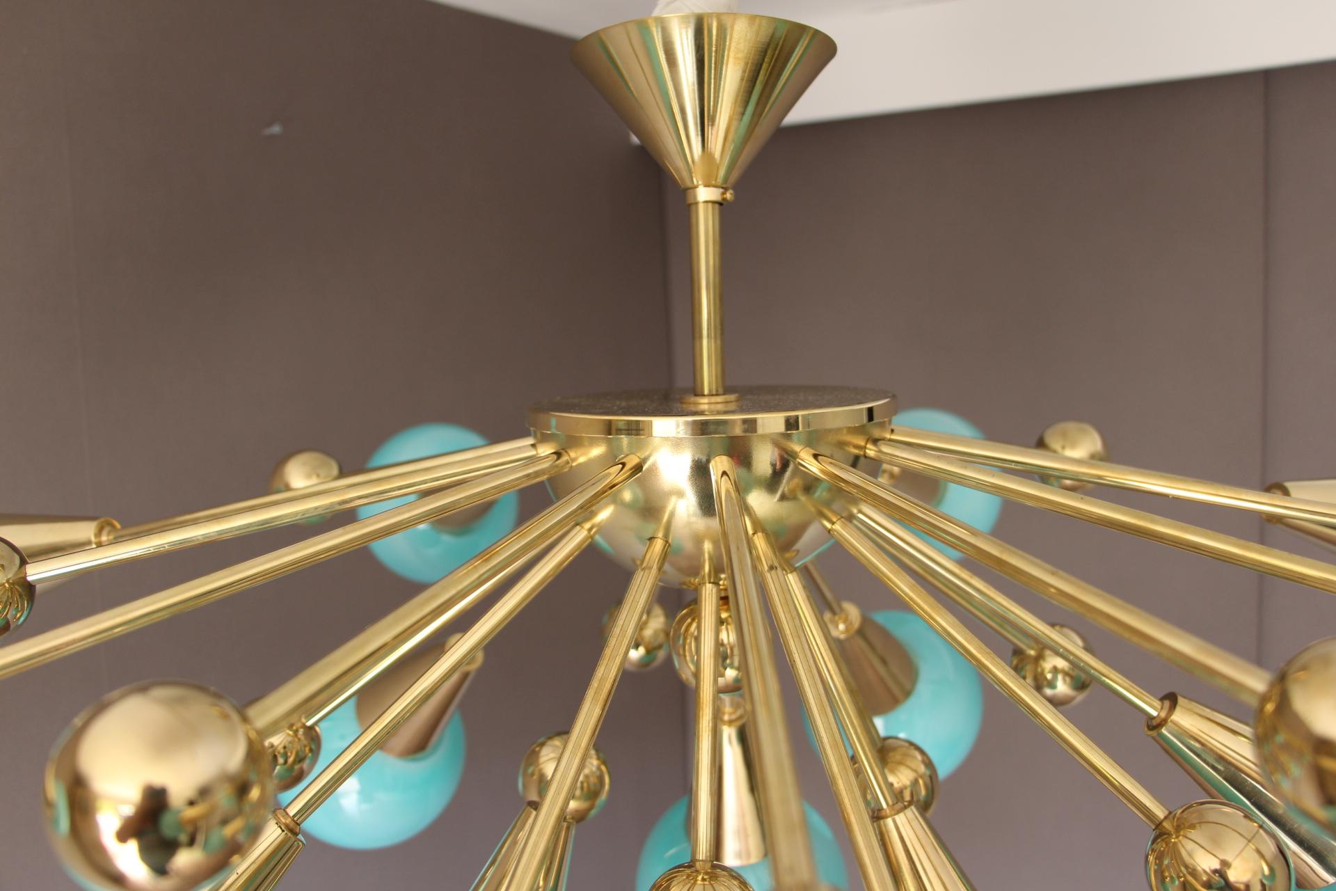 Brass Half Sputnik Turquoise Blue Murano Glass Globes Chandelier For Sale