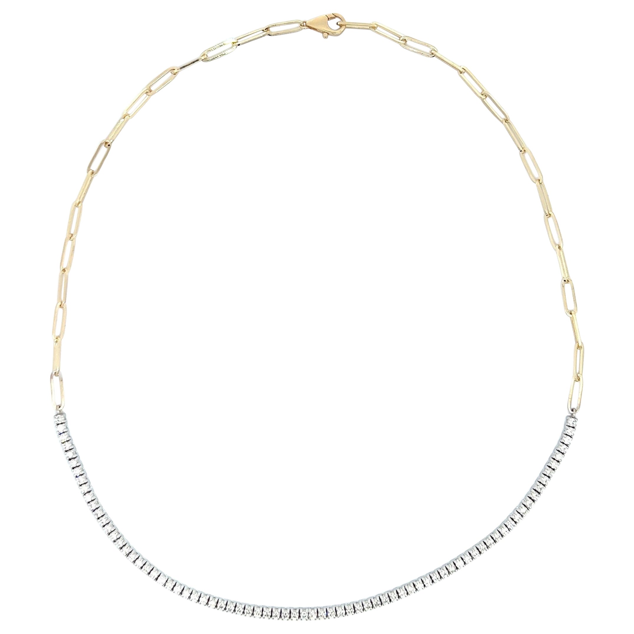 Halbierte Büroklammerkette & halbierte Diamant-Tennis-Halskette, 14k zweifarbig.
Dies ist die beliebteste Art von Kette/Halsband auf dem Markt.
Die Hälfte der Kette besteht aus 30 Paper-Clip-Gliedern aus 14 Karat Gelbgold, die andere Hälfte aus 76