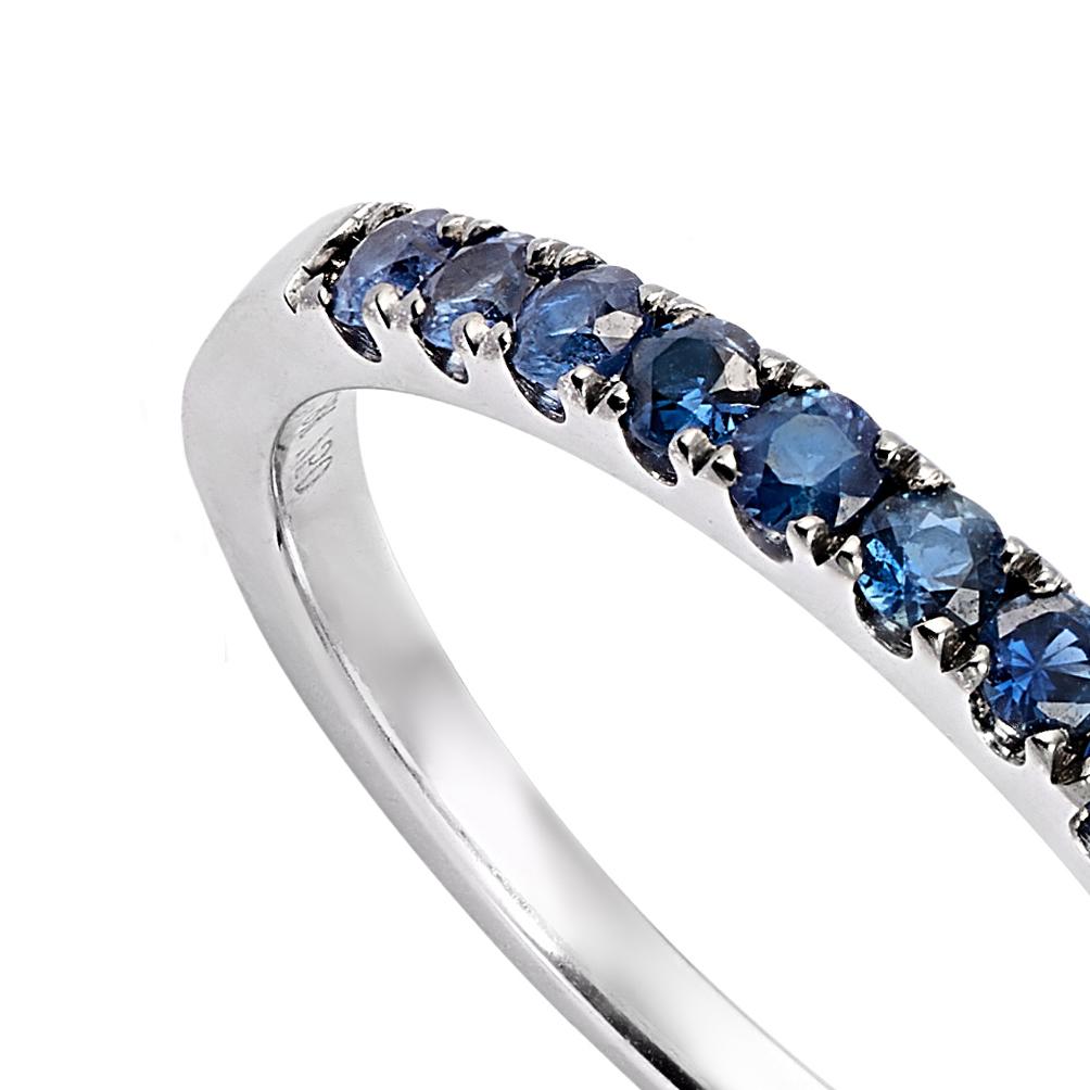 A medium 18K White Gold band ring set with sparkling Blue Sapphires by Barbara Harris Water Jewels. 

Subtle and delicate like a soft whisper, our Half Whisper rings are perfect worn as an individual accessory or stacked with other rings for a more