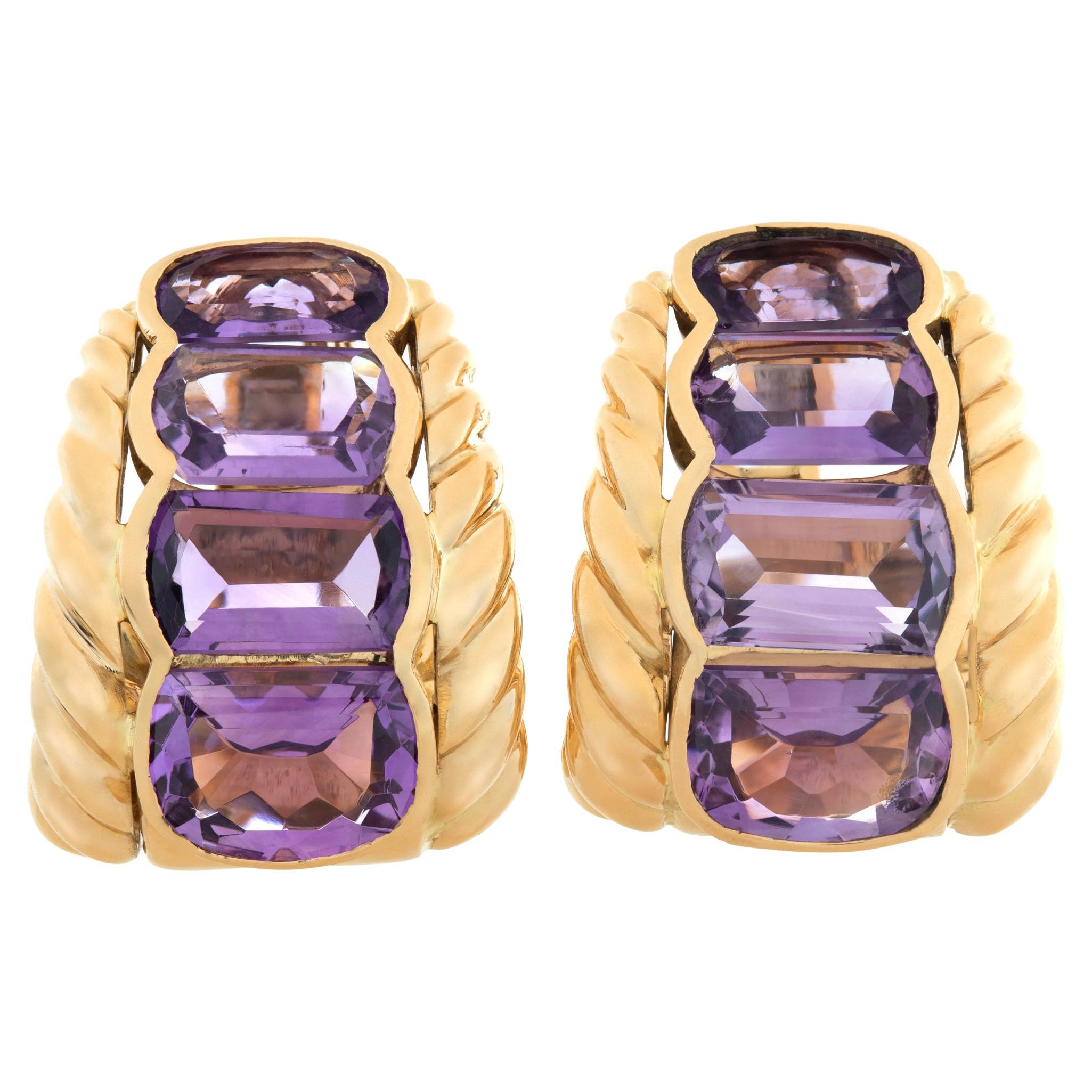 Half Wide Hoops with over 28 Carats Graduating Emerald Cut Amethyst Set in 18K For Sale