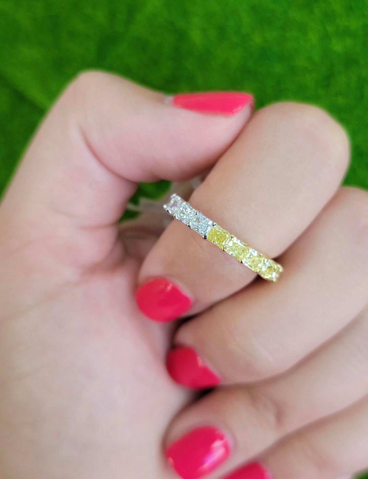 3.50 Total Carat Weight 
Fancy Yellow and E-F Color Diamonds
Elongated Radiant Cut diamonds
20 diamonds total
Average 0.17 carat per diamond
VS-VVS Clarity 
Set in 18k Yellow & Platinum 
Handmade in NYC 

Making Extraordinary Attainable with Rare
