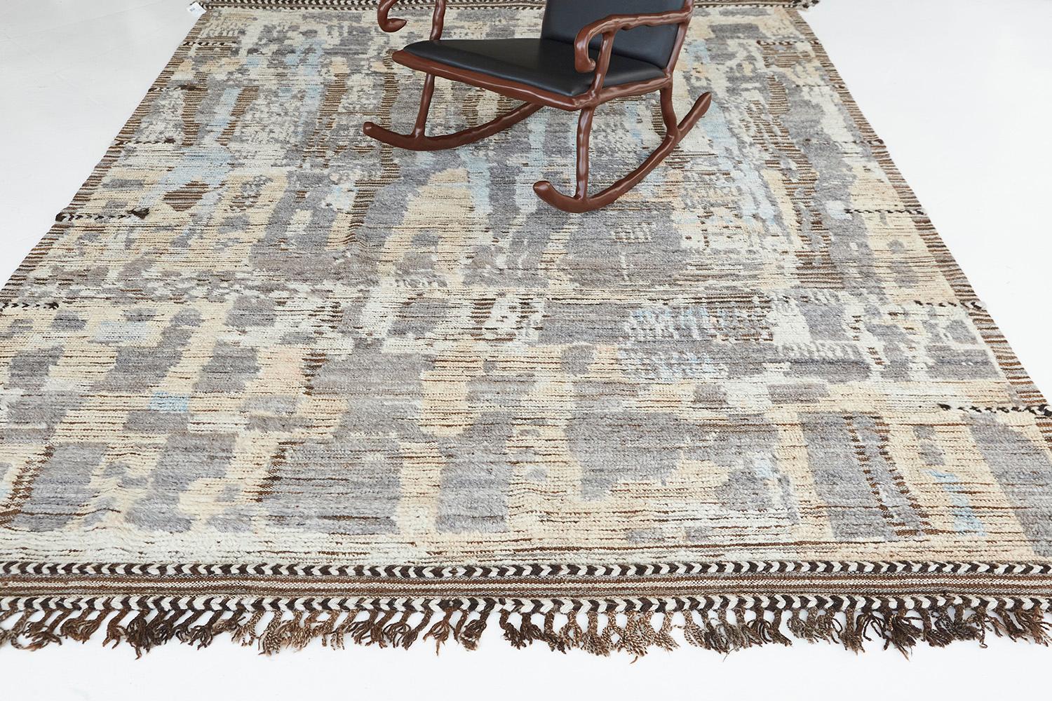 Halfah' is an earth-toned pile weave and modern-day interpretation of the Moroccan world. The rug's irregular shapes and strokes resemble the fibers of nature and their ability to be used for crafts such as cords and basketry. Designed in Los