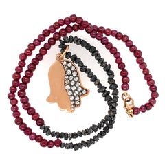 "Halfsies II" Rose Gold & Diamond Hamsa Pendant on Raw Diamond & Garnet Chain