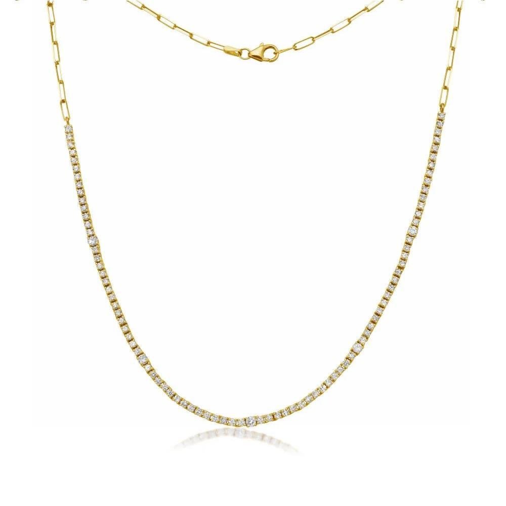 This exquisite necklace marries classic sophistication with modern elegance, presenting a HalfWay Alternate Round Diamond Tennis Necklace seamlessly integrated with a Half Paperclip Chain, all crafted in radiant 14K gold.

At the forefront of this