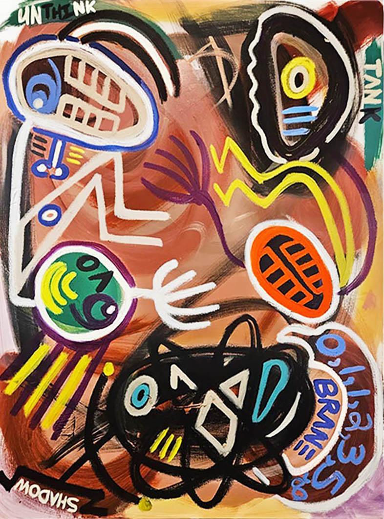 Artist:  Flowers, Halim
Title:  Unthink Tank
Date:  2025
Medium:  Acrylic and oil sticks on canvas
Unframed Dimensions:  48" x 36"
Signature:  Signed
Edition:  Unique

Autodidact, Halim A. Flowers (b. 1980, Washington, DC) visual artist, spoken word
