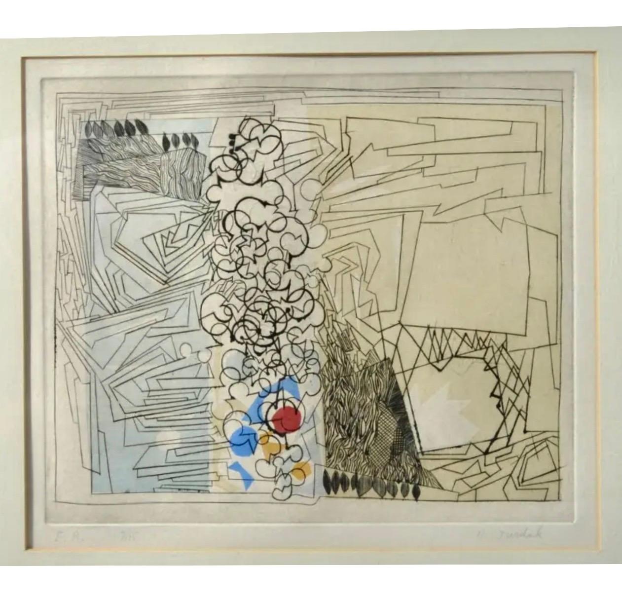 Halim Jurdak, (1927-2020) 
Gravure à l'eau-forte et gravure en couleur 
Signé à la main  'H. Jurdak", numéroté 3/15 et marqué "E. A." au crayon dans la marge inférieure. Cadre, environ 23 1/4" x 15 1/2". Taille de la plaque, environ 10" x 8 1/2".
Il