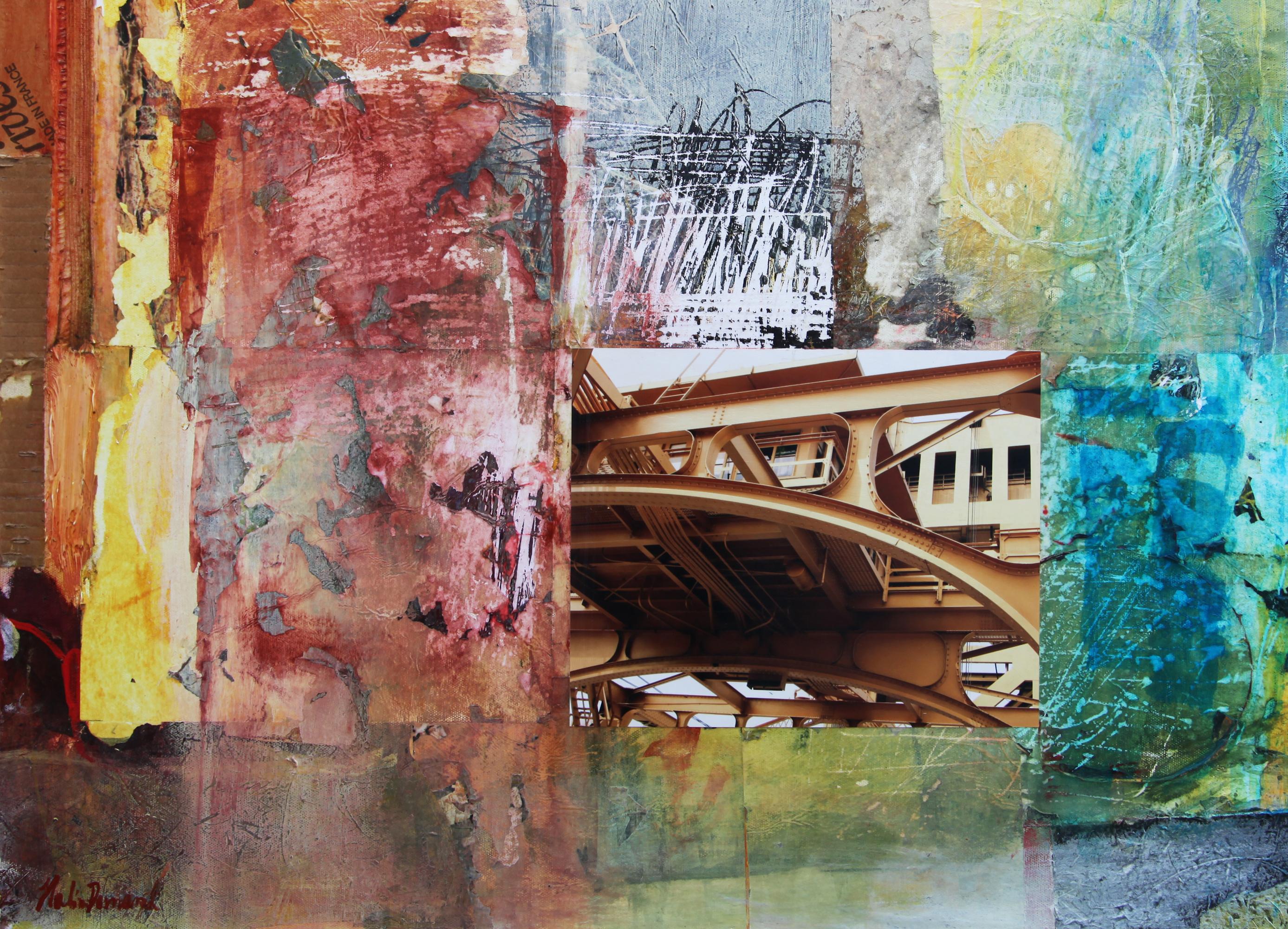 I enjoy photography and creating a collage with the photos I have taken .
These photos than inspire me to create a collage .I start from one photo ,than go through the process of overlapping and building up layers of colors and found objects.
This