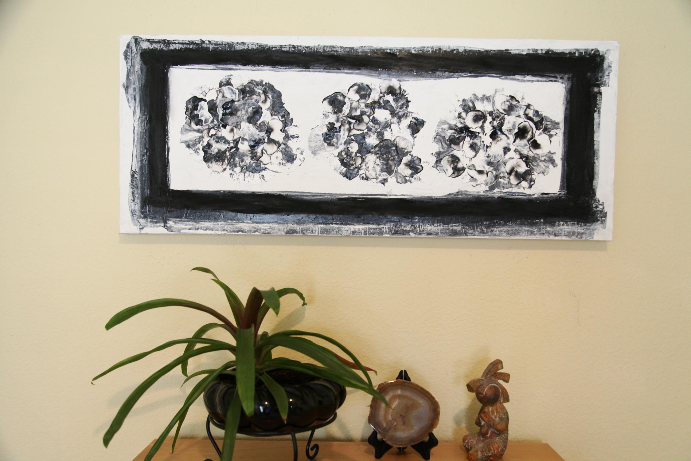Bouquets - Black Abstract Painting by  Halina Domanski