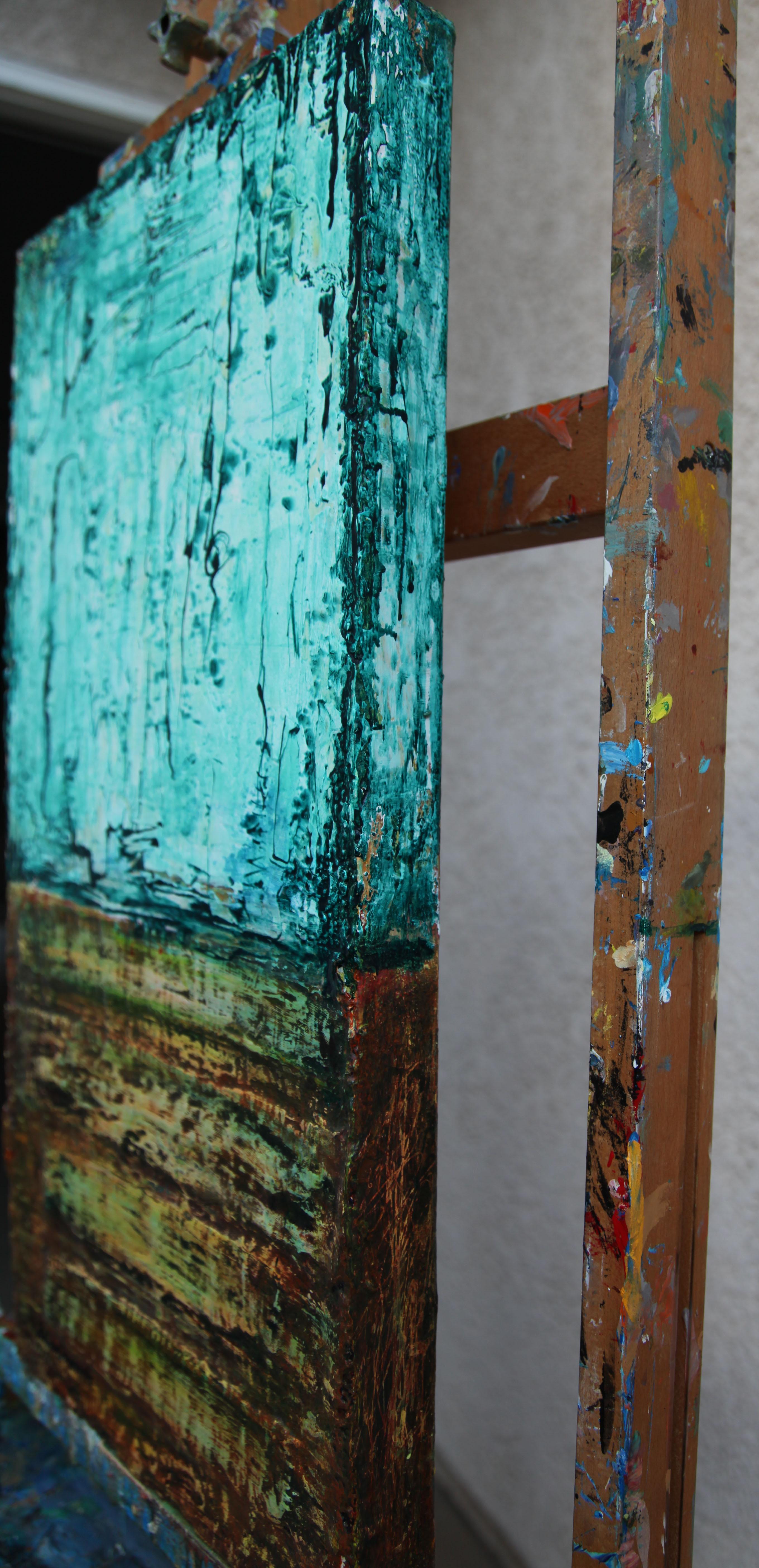 Einzigartiges, originelles und einzigartiges Kunstwerk. Inspiriert von den Farben des Ozeans. 
Meine Komposition wird von einem intuitiven Sinn für Gleichgewicht, Farbe und Textur geleitet.
Hängefertig. Signiert vom Künstler. Die Seiten sind