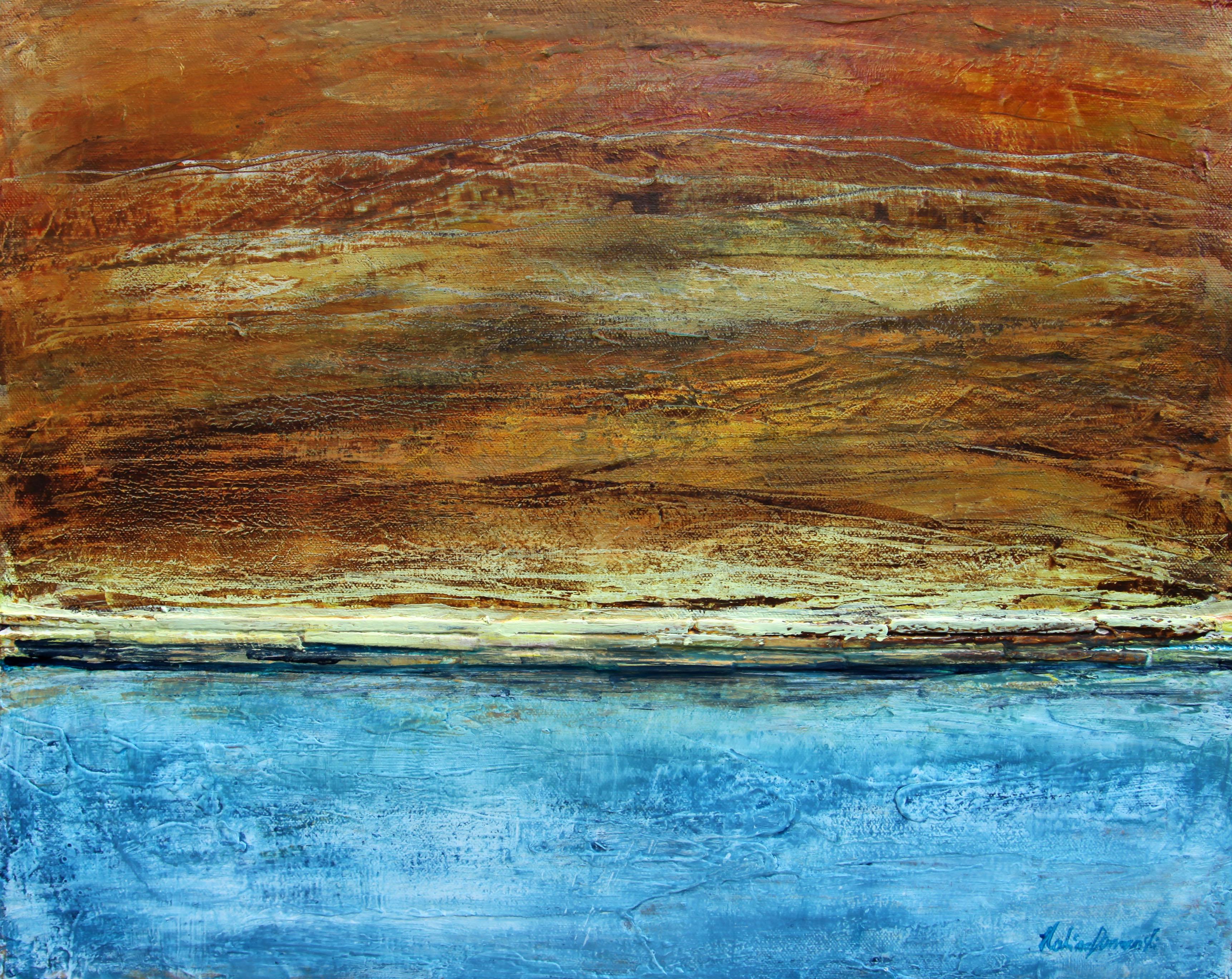 Es handelt sich um ein originales abstraktes expressionistisches Gemälde auf galerieumwickelter Leinwand, ein einmaliges und einzigartiges Kunstwerk.
Inspiriert von natürlichen Texturen und Farben, geleitet von einem intuitiven Gefühl der Ruhe und