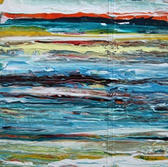 Peinture abstraite contemporaine minimaliste aux rayures vives et texturées sur fond vert marine