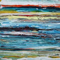 Peinture abstraite contemporaine minimaliste aux rayures vives et texturées sur fond vert marine