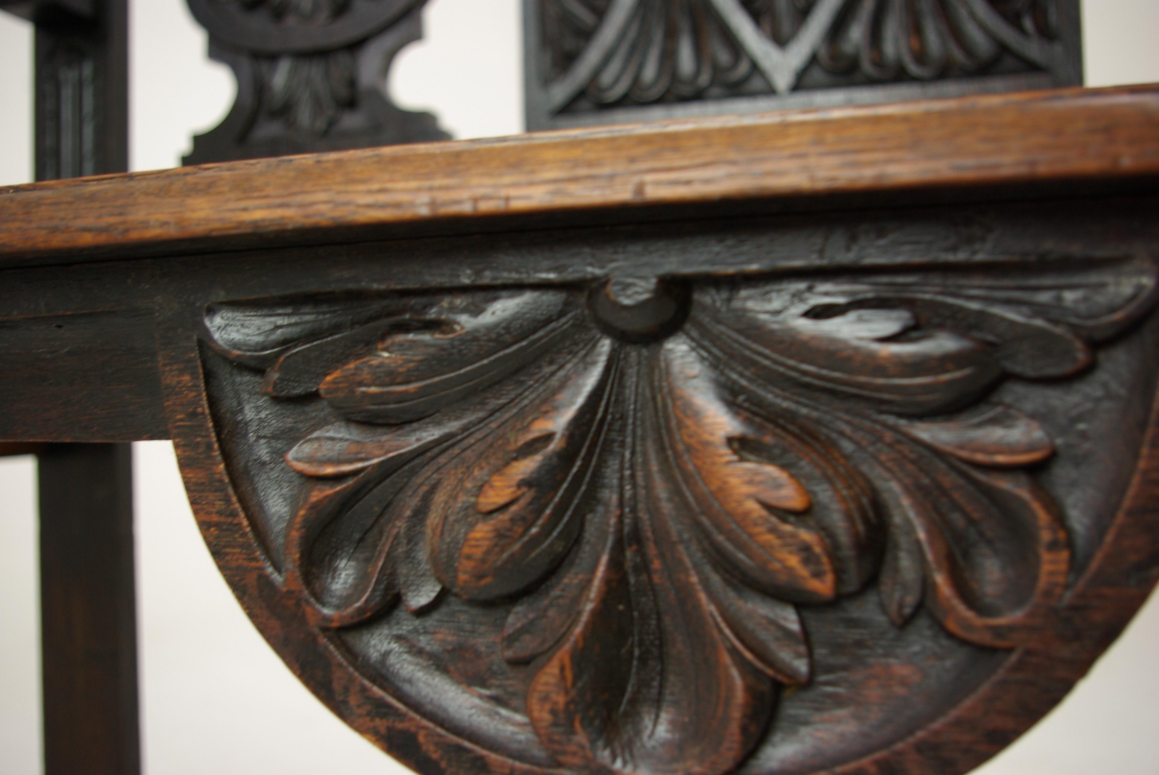 Hall Bench, Hall Seat, Carved Oak Bench, Entryway Furniture, 1880 3