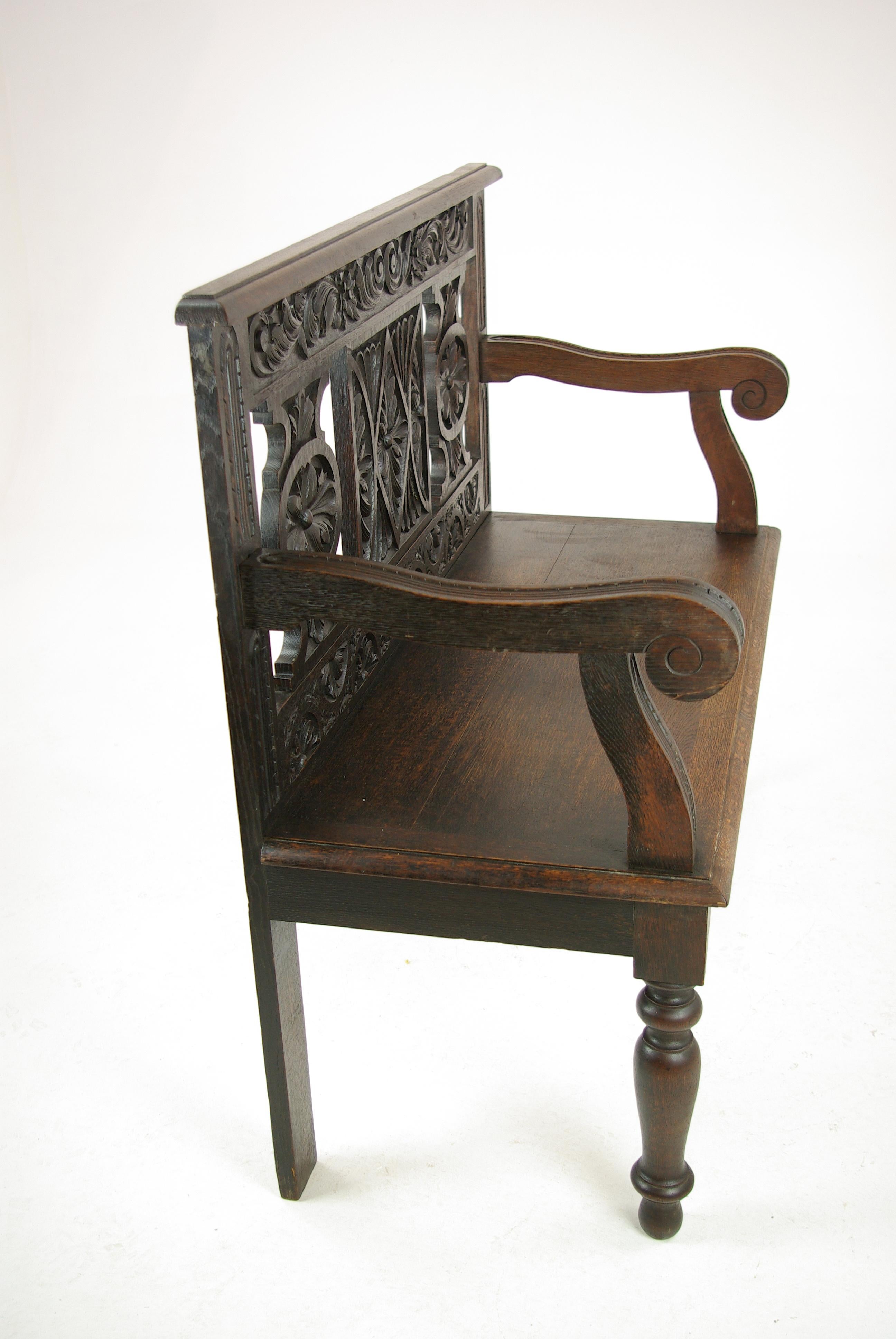 Scottish Hall Bench, Hall Seat, Carved Oak Bench, Entryway Furniture, 1880