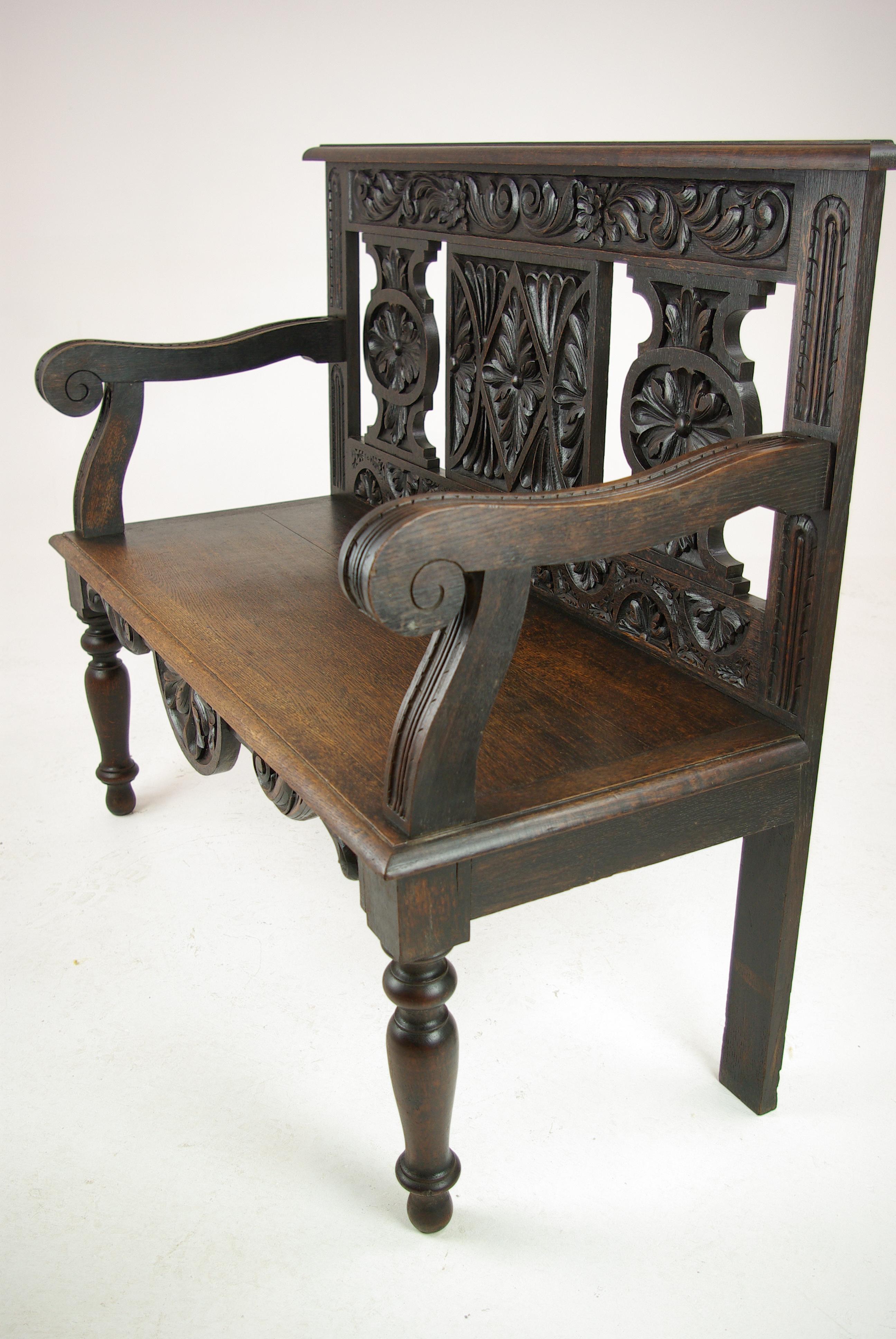 Hand-Carved Hall Bench, Hall Seat, Carved Oak Bench, Entryway Furniture, 1880