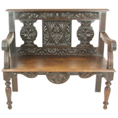 Hall Bench, Hall Seat, Carved Oak Bench, Entryway Furniture, 1880