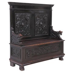 Banc de hall, Renaissance italienne, noyer, avec dragons, rangement, 1800s !