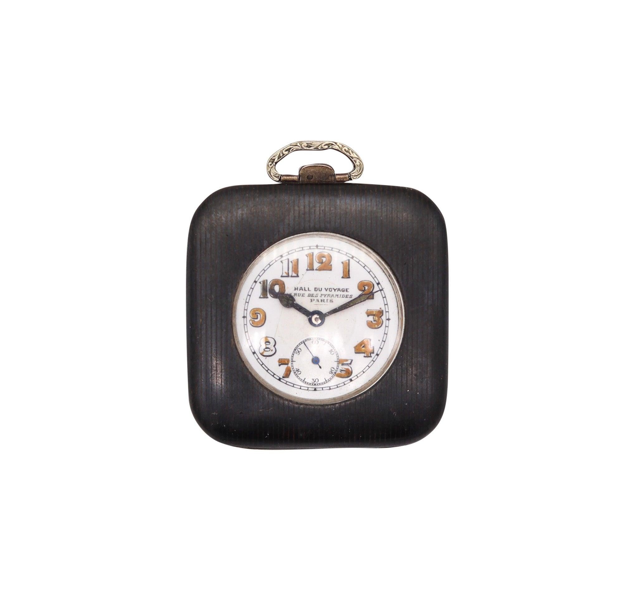 Début du 20ème siècle Horloge de voyage pliable HALL DU VOYAGES 1900 Paris en argent sterling avec niello en vente