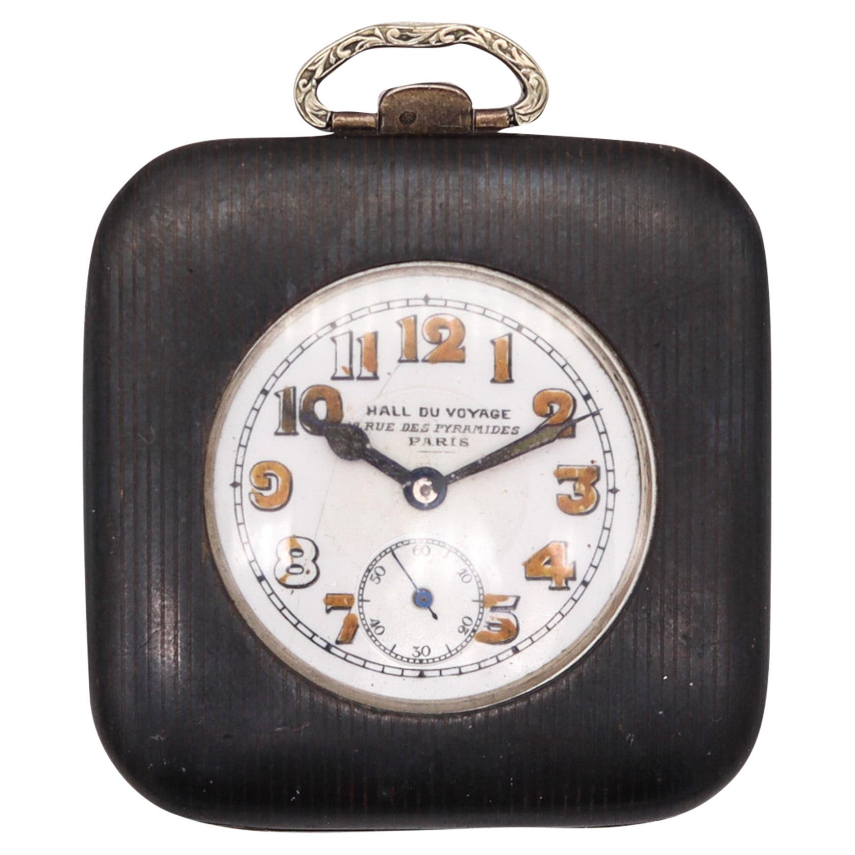 Horloge de voyage pliable HALL DU VOYAGES 1900 Paris en argent sterling avec niello en vente
