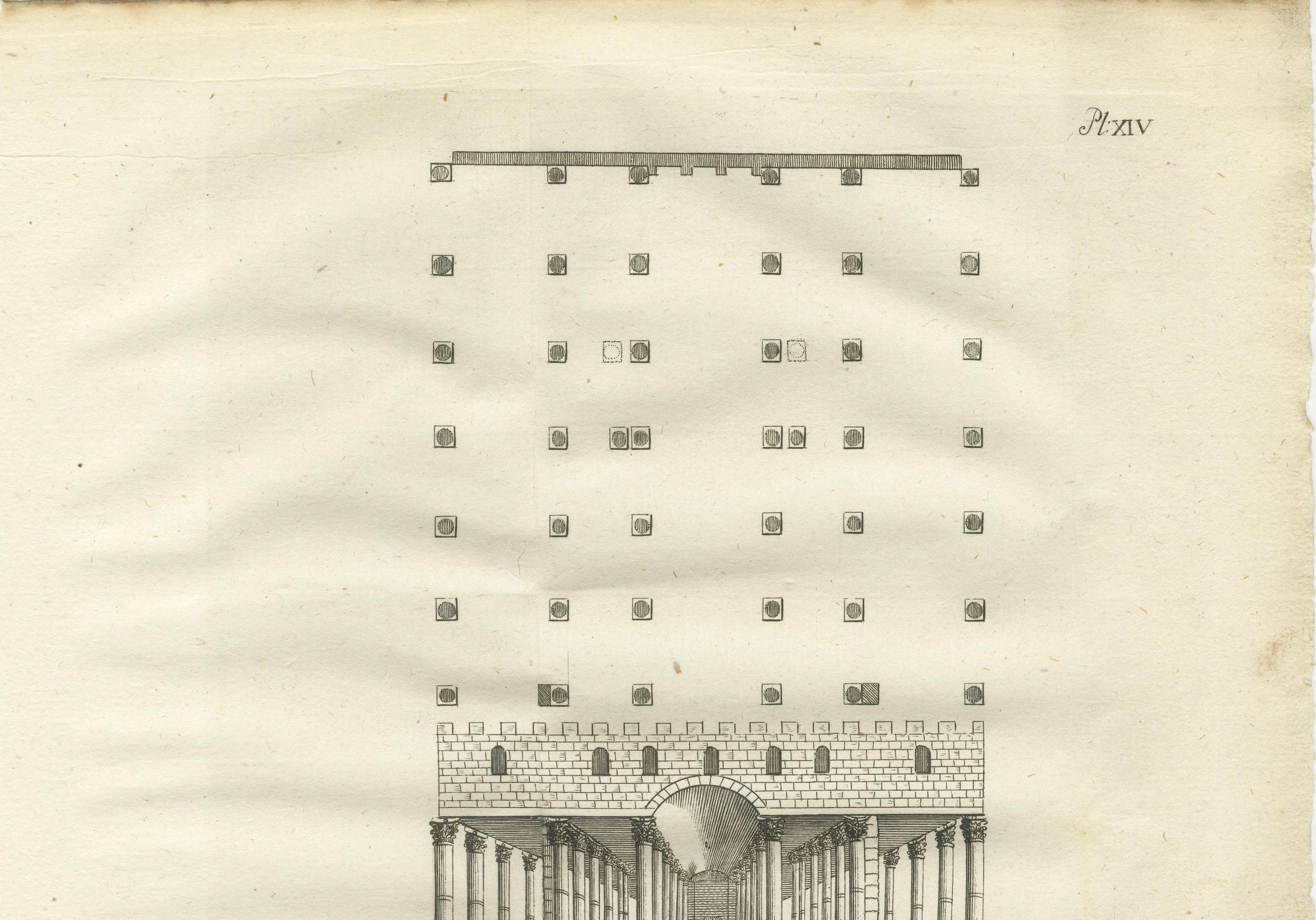Sala de los Graneros de José en Egipto - Plano de planta y alzado Grabado, 1776

Descripción:
Este antiguo grabado arquitectónico de 1776 muestra la planta y el alzado estructural de una gran sala hipóstila tradicionalmente conocida como los