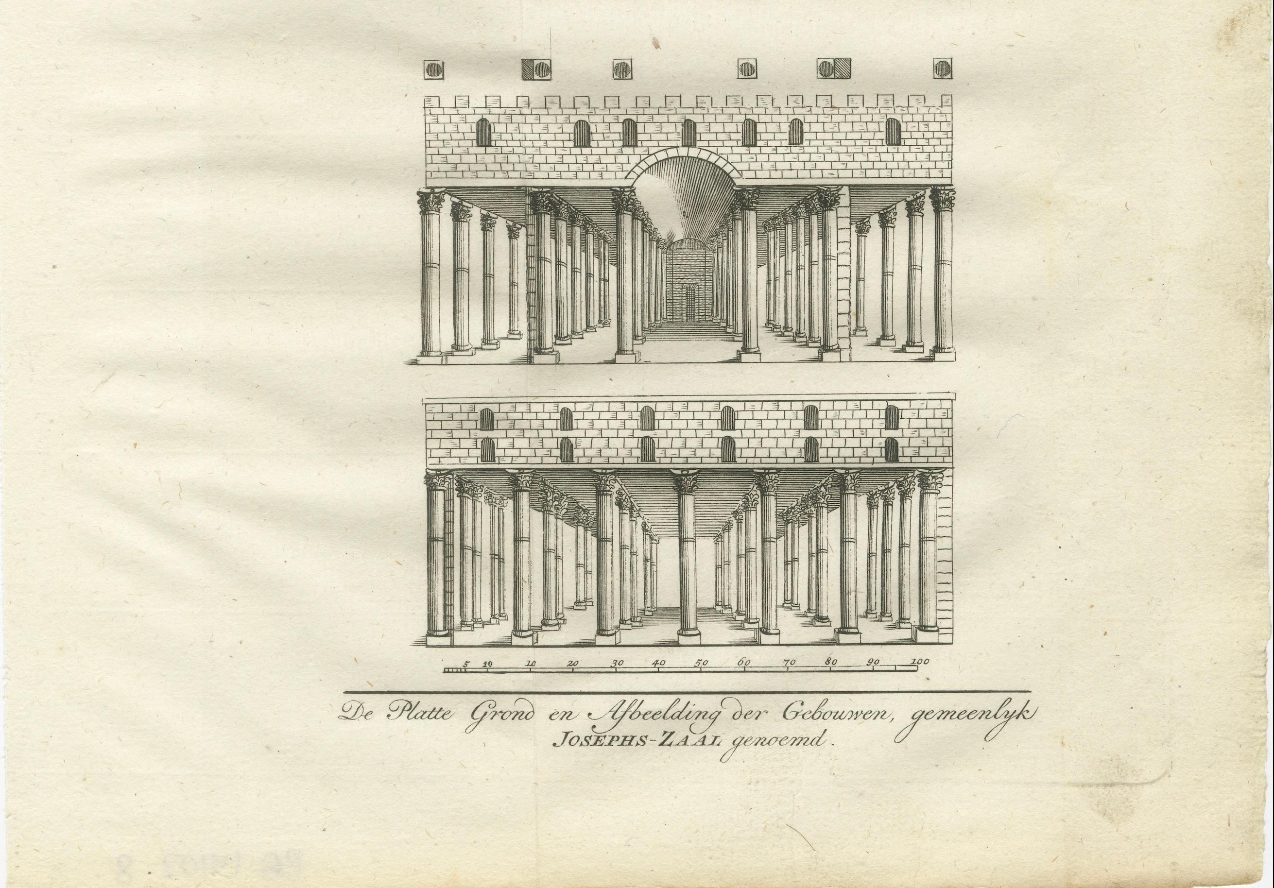 Sala de los Graneros de José en Egipto - Plano de planta y alzado Grabado, 1776 Holandés en venta