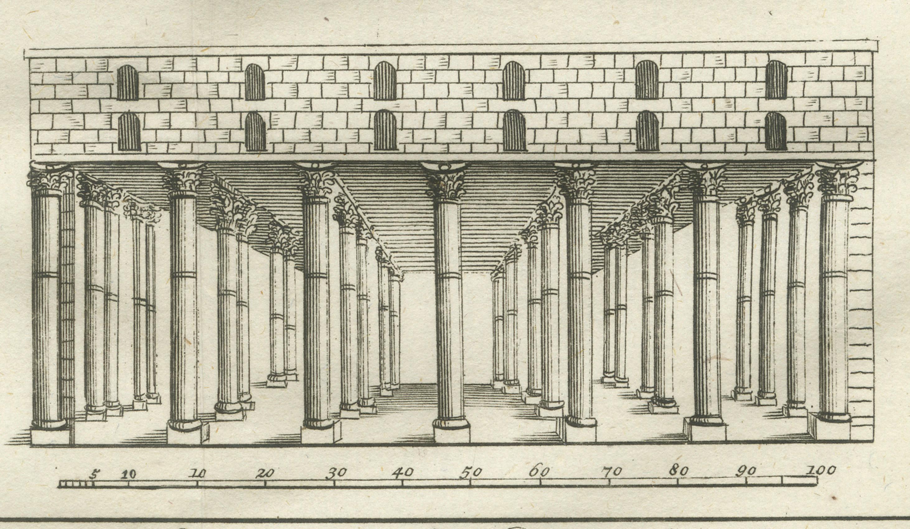Sala de los Graneros de José en Egipto - Plano de planta y alzado Grabado, 1776 en Bueno estado para la venta en Langweer, NL