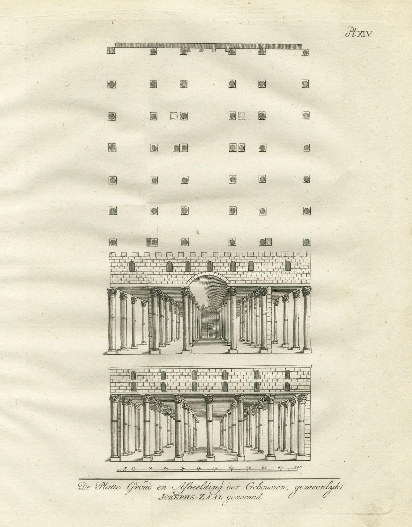 Sala de los Graneros de José en Egipto - Plano de planta y alzado Grabado, 1776 Papel en venta