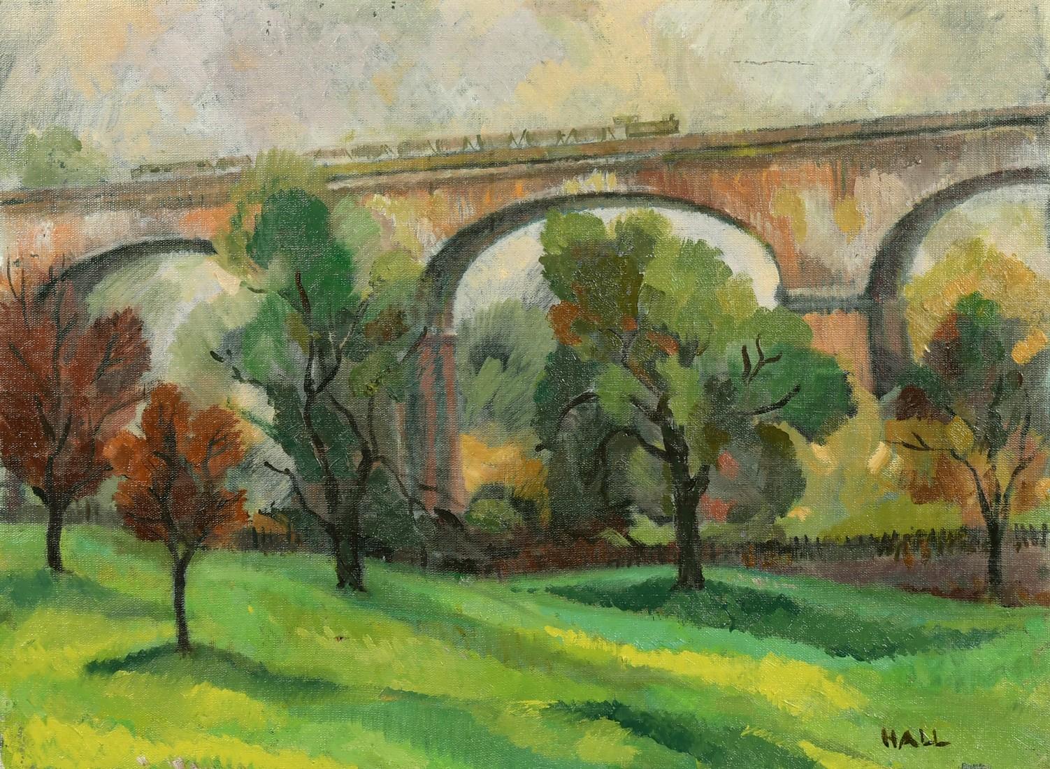A charming Mid Century piece depicting a viaduct in the Welsh countryside. the artist captures the scene in expressive, gestural brushwork creating a great sense of texture and movement within the scene. Signed to the lower right. On canvas. 
