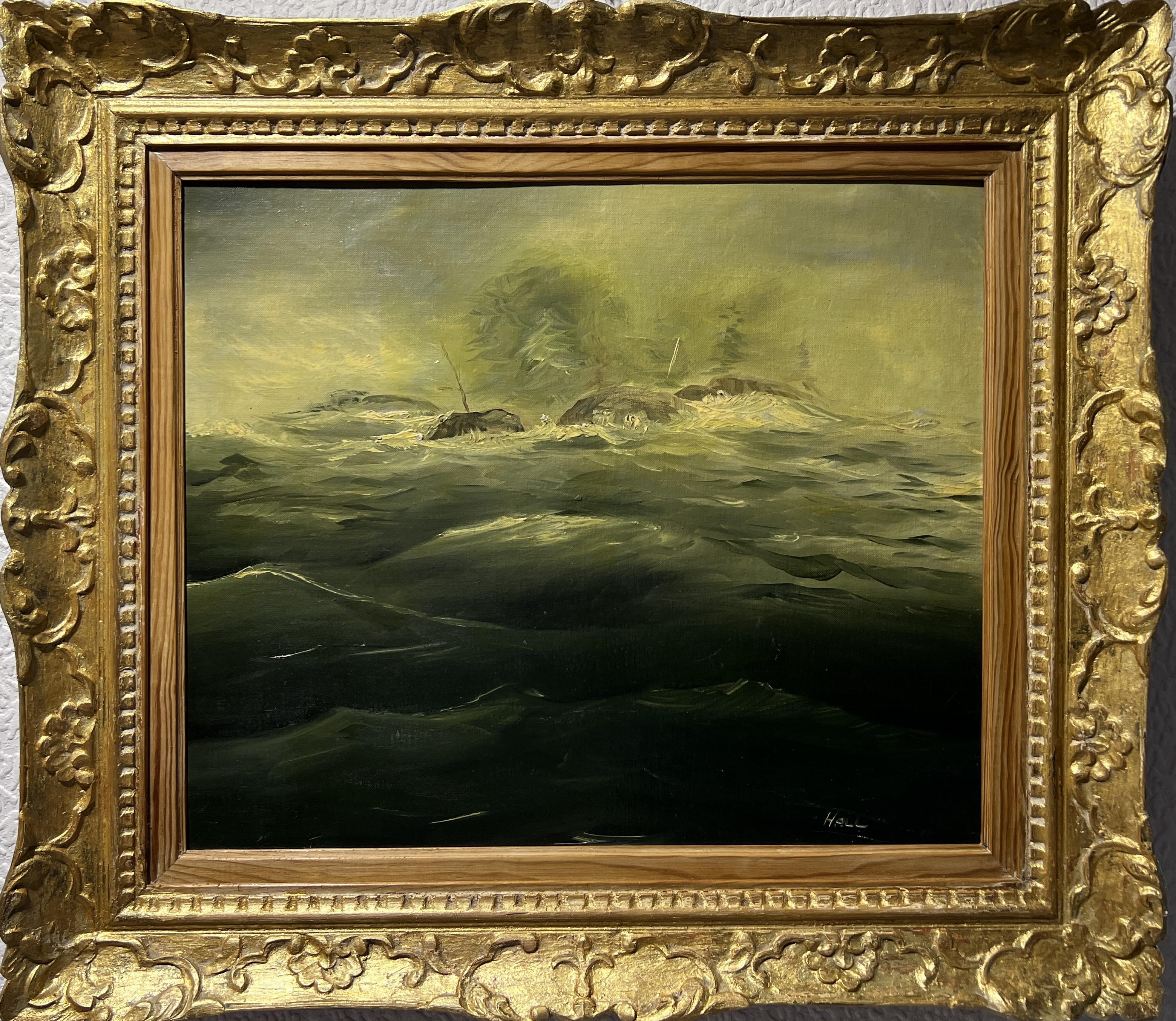 Hall Original Vintage Oil painting on canvas panel, seascape, signed