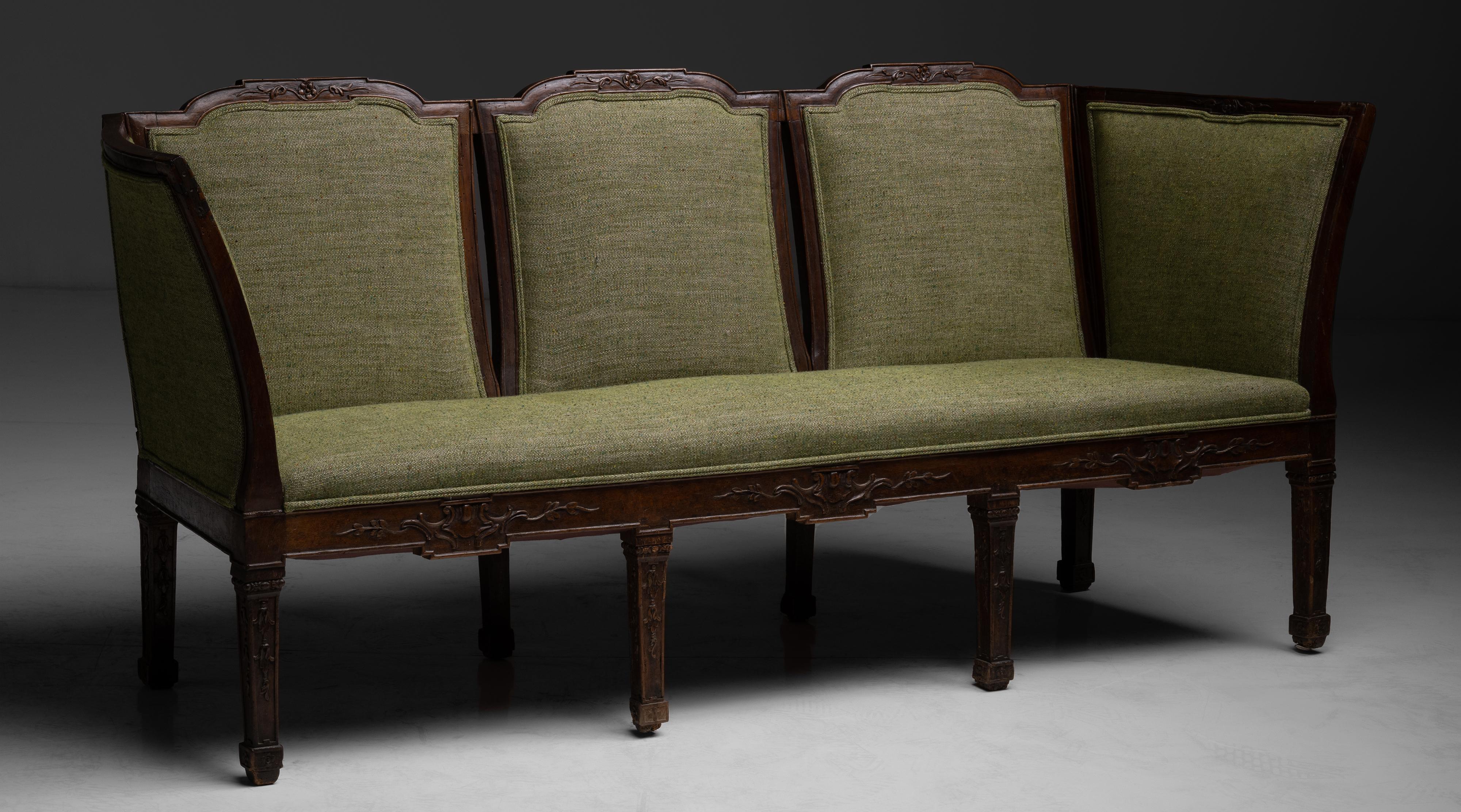 Hall Sofa in Linen Wool Blend, France circa 1840

Intricately carved wooden frame newly upholstered in pistachio linen wool blend by Marvic.

Measures 82”L x 27”d x 36.5”h x 18”seat.