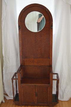 Hall Tree Coat Stand with Mirror, Antique Oak, Hallway Rack