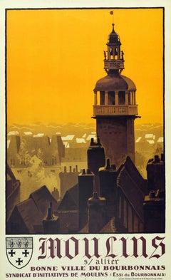 Original Vintage PLM Railway Poster Moulins Sur Allier Jacquemart Bell Tower Art