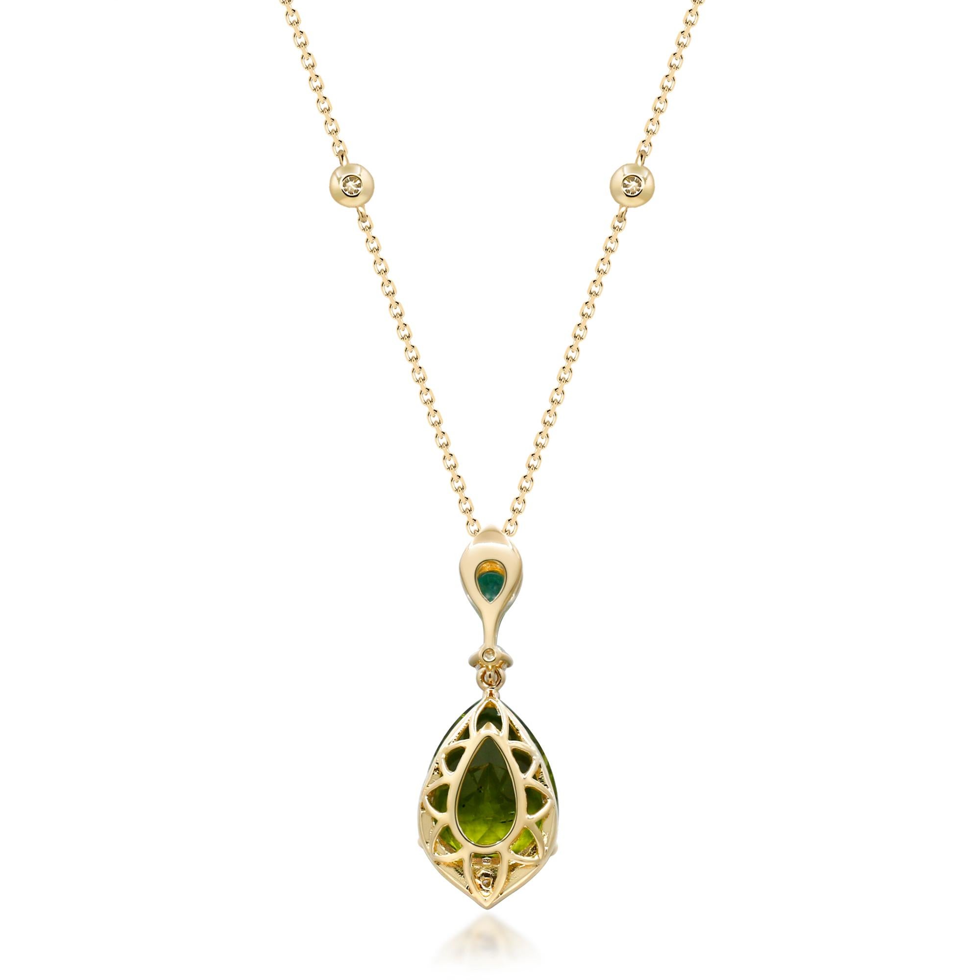 Decorate yourself in elegance with this Pendant is crafted from 14-karat Yellow Gold by Gin & Grace. This Pendant is made up of Pear-cut Peridot (1 pcs) 3.93 carat ,3*4 Pear-cut Emerald (1 pcs) 0.14 carat and round-cut White Diamond (11 Pcs) 0.13