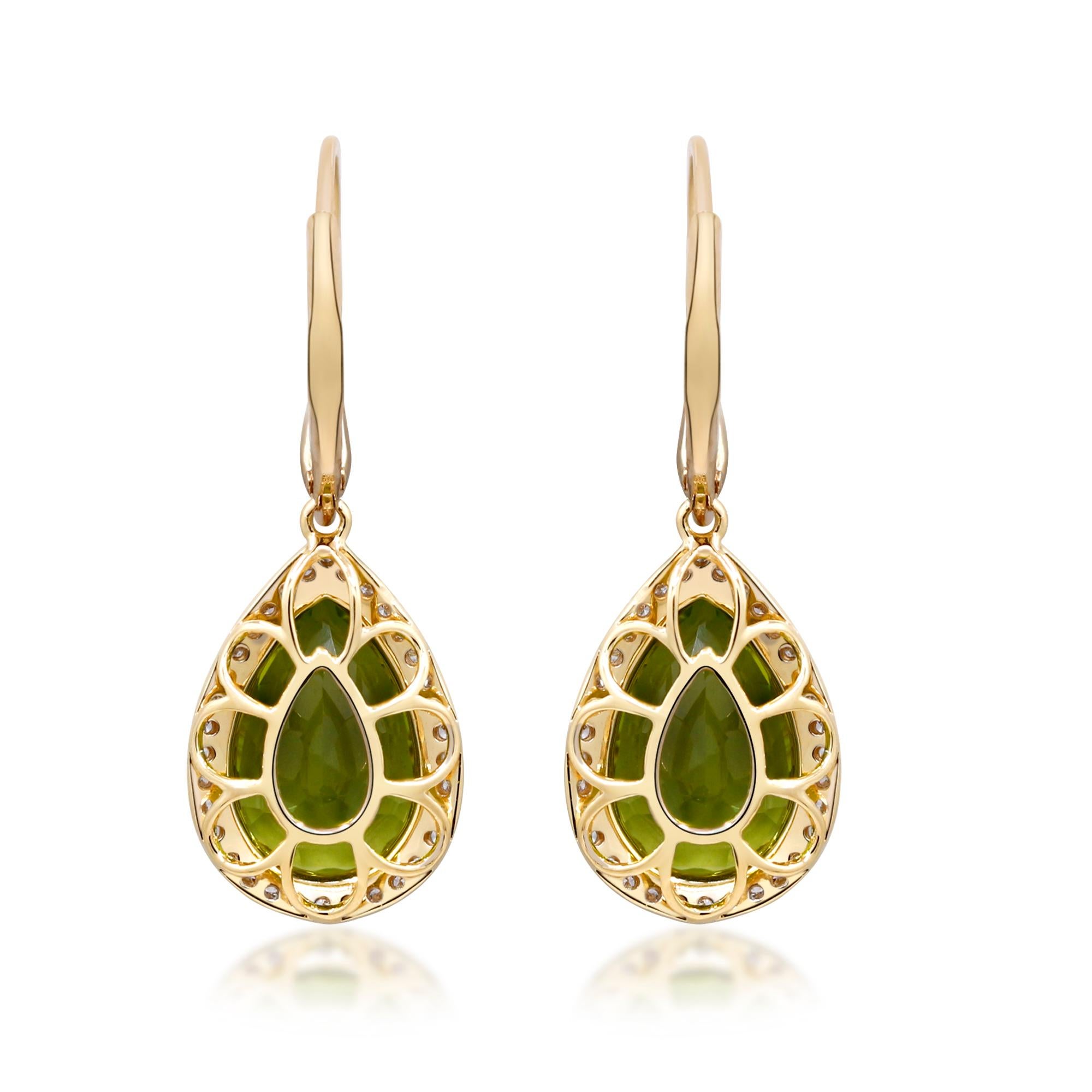 Decorate yourself in elegance with this Earring is crafted from 14-karat Yellow Gold by Gin & Grace. This Earring is made up of pear-cut Peridot (2 Pcs) 8.32 carat and Round-cut White Diamond (68 Pcs) 0.18 Carat. This Earring is weight 3.03 grams.