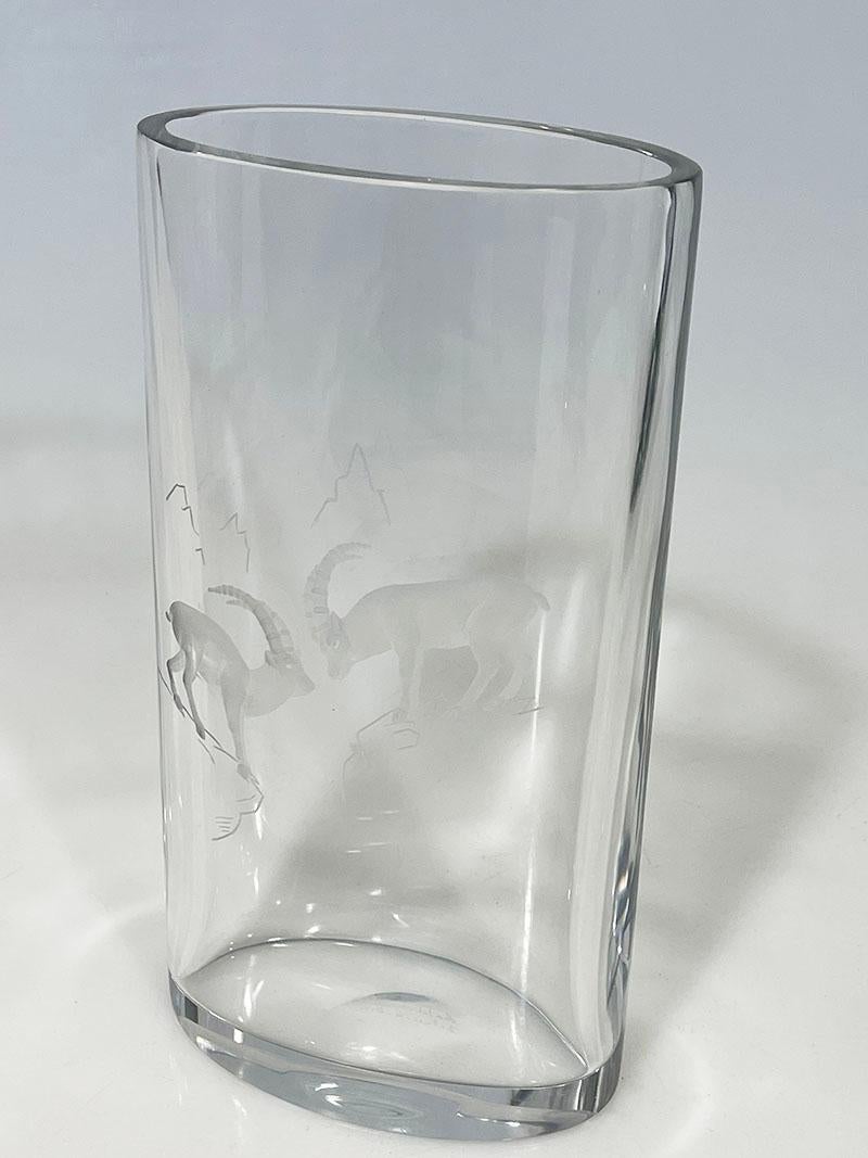 Hallet, Delvenne per Val Saint Lambert vaso di cristallo con animale Stambecco, firmato in vendita 1