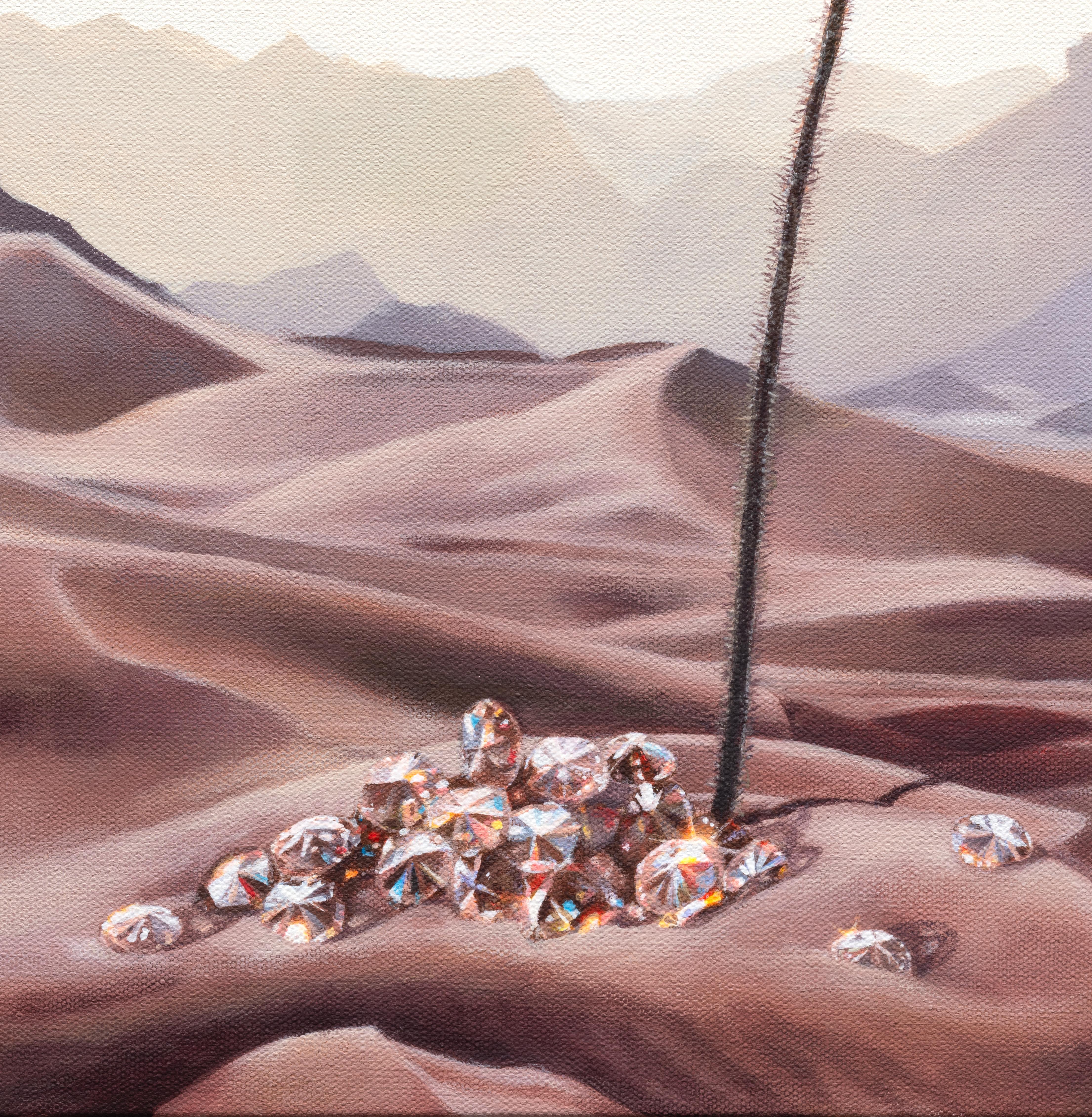 Dieses außergewöhnliche Kunstwerk ist derzeit in der Signet Contemporary Art Gallery und online ausgestellt und zu verkaufen.

Geheimnisvoll und strahlend offenbart Diamonds in Bloom die Gabe von Hallie Packard, Surrealismus mit symbolischer