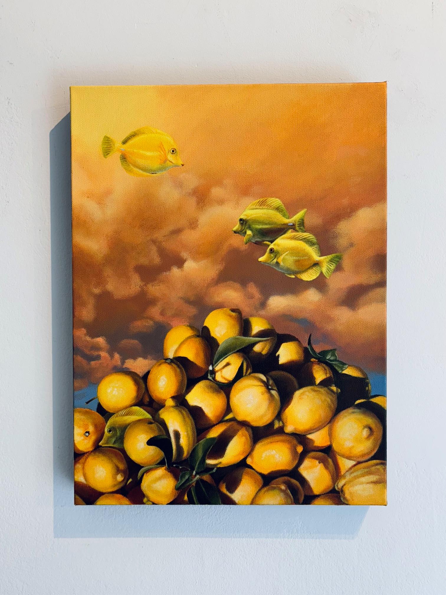 Lemon Tang-Original citrus wildlife painting-modern surrealist contemporary art - Surrealist Painting by Hallie Packard