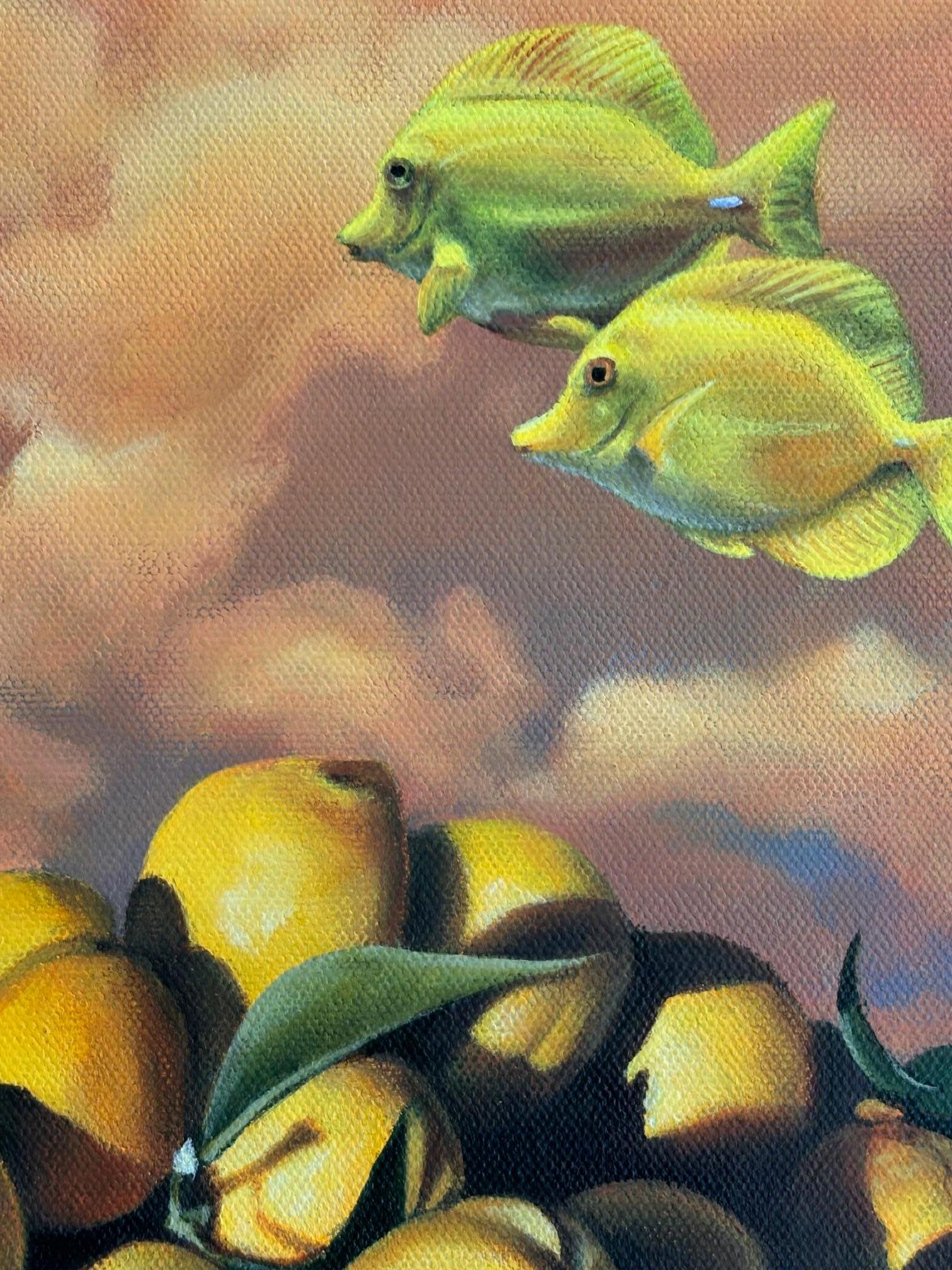 Lemon Tang-Original citrus wildlife painting-modern surrealist contemporary art - Brown Landscape Painting by Hallie Packard