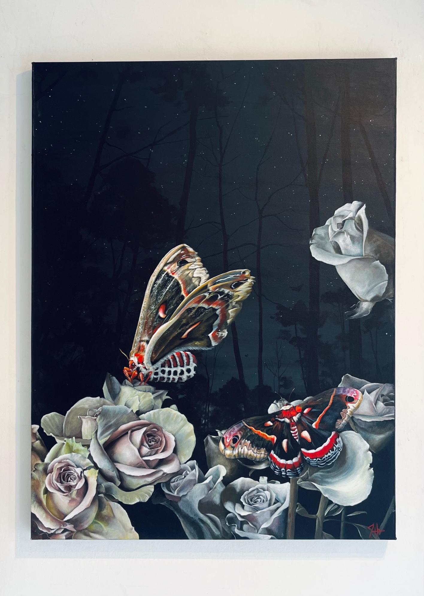 Some Night in Spring- Original floral wildlife painting-modern surrealistic art - Surrealist Art by Hallie Packard