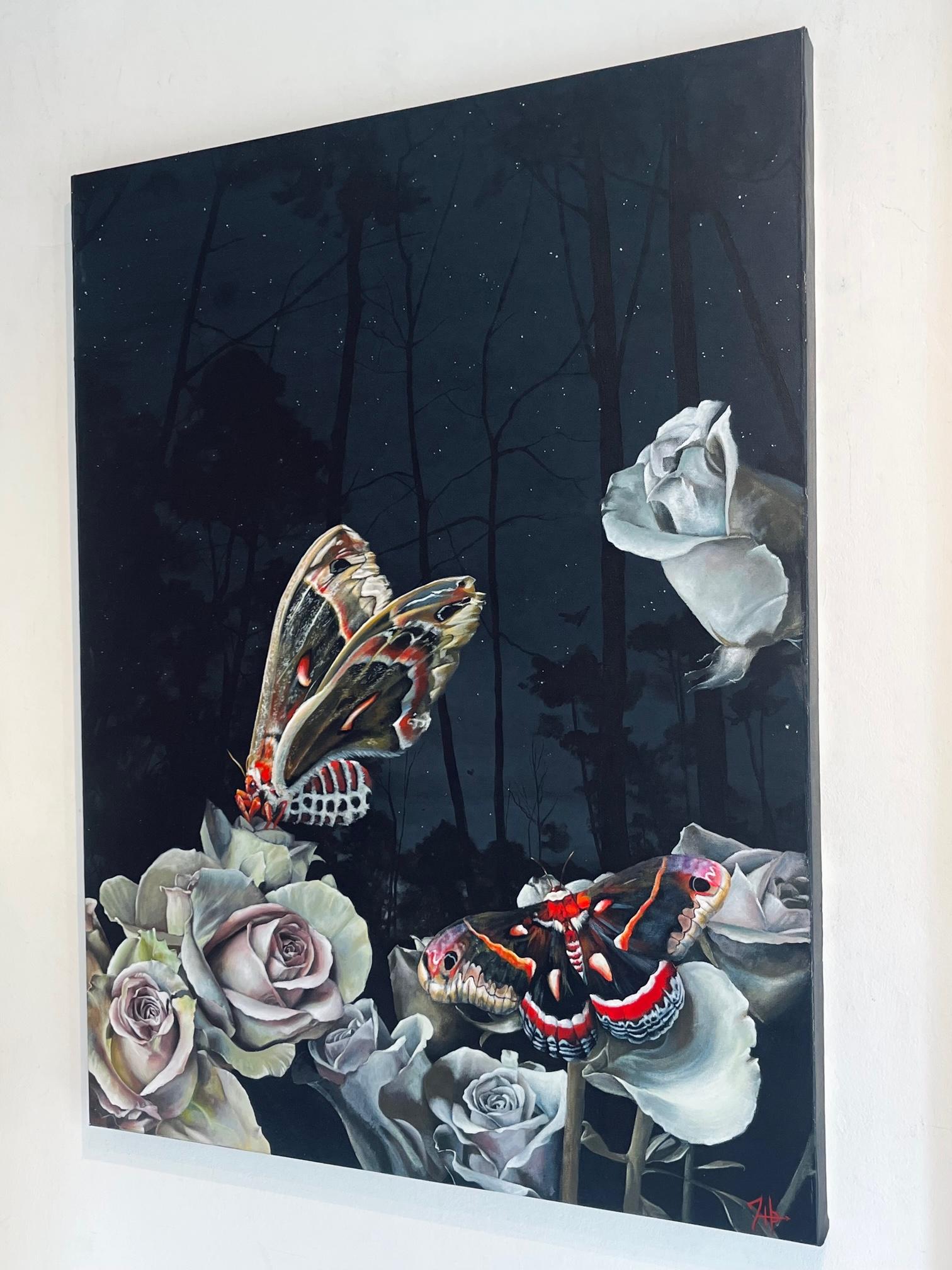 Some Night in Spring - Peinture originale de faune sauvage florale - art surréaliste moderne - Surréalisme Painting par Hallie Packard